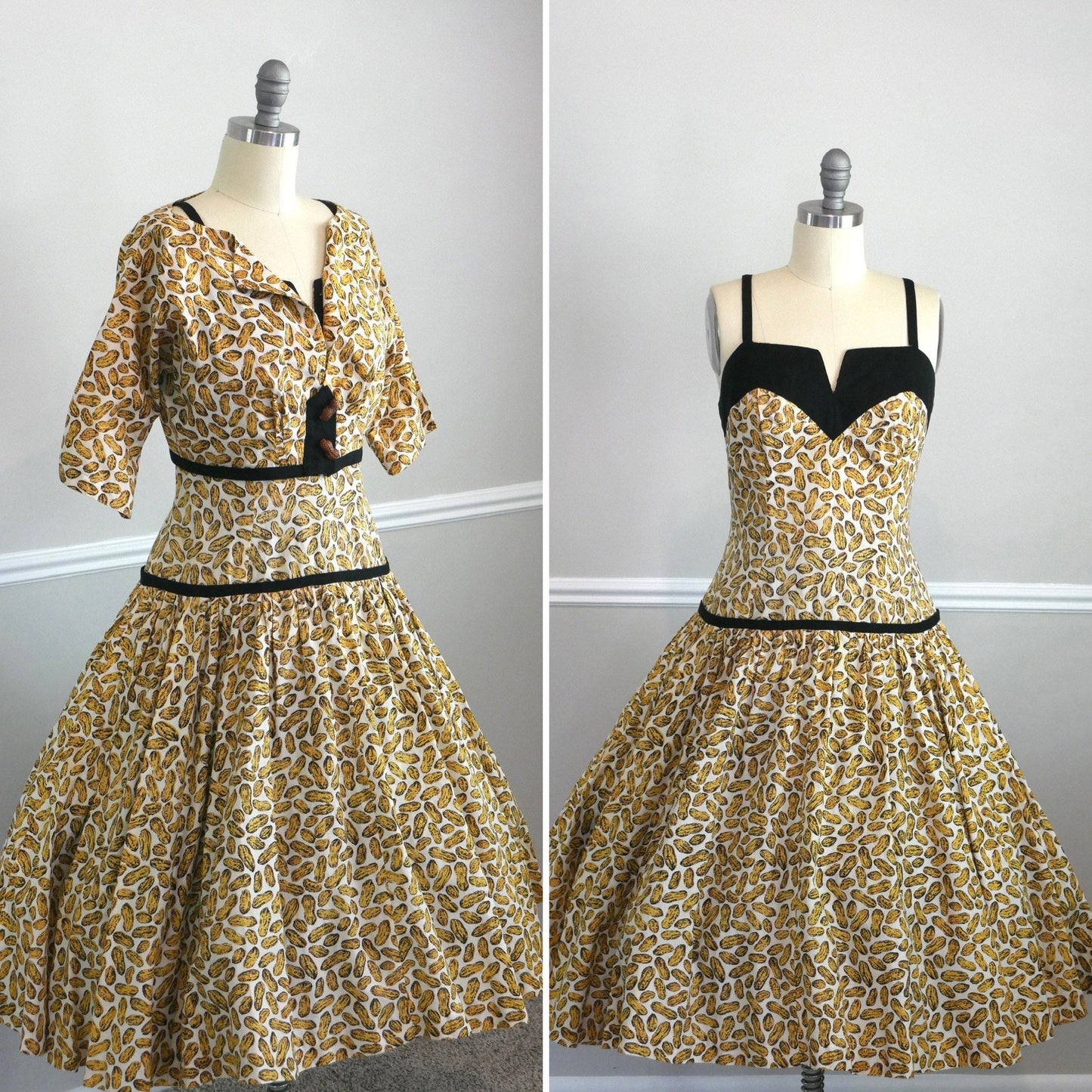Vintage 1950s Sundress and Bolero Set / 1950s full dress / 50s retro novelty print peanut print dress fit and flare full skirt size M