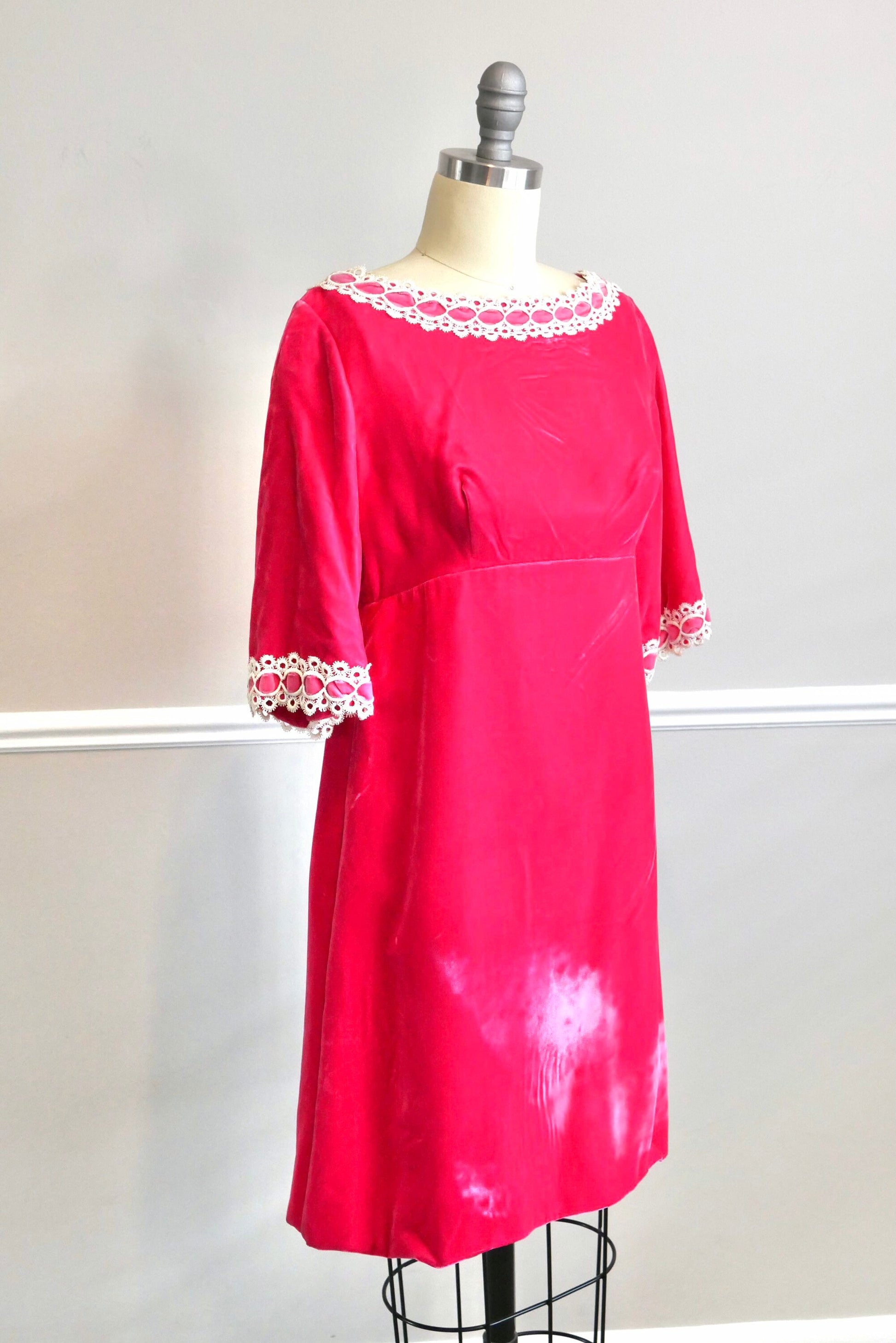 Vintage late 1960s Hot Pink Velvet Mini Dress / retro babydoll empire waist party holiday scooter dress size XS S