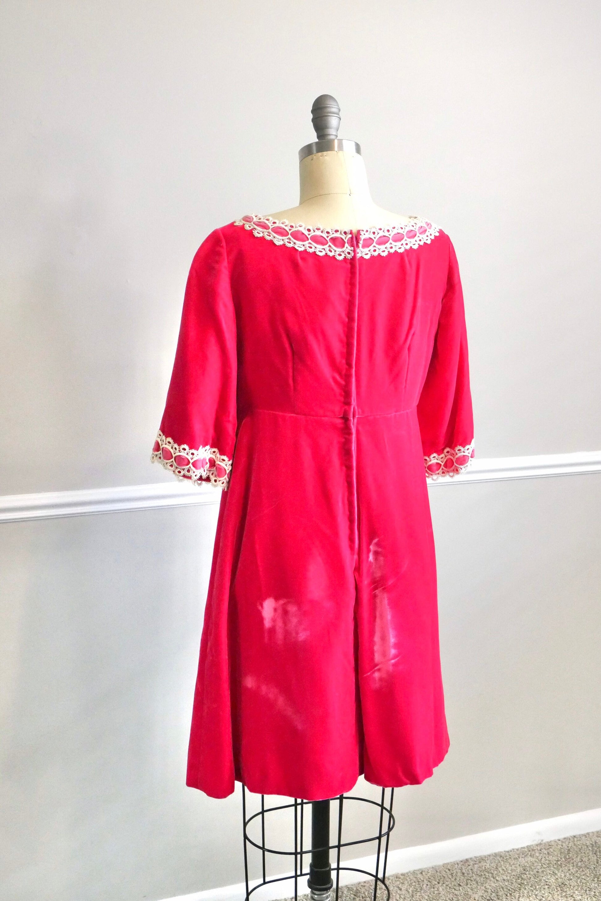 Vintage late 1960s Hot Pink Velvet Mini Dress / retro babydoll empire waist party holiday scooter dress size XS S