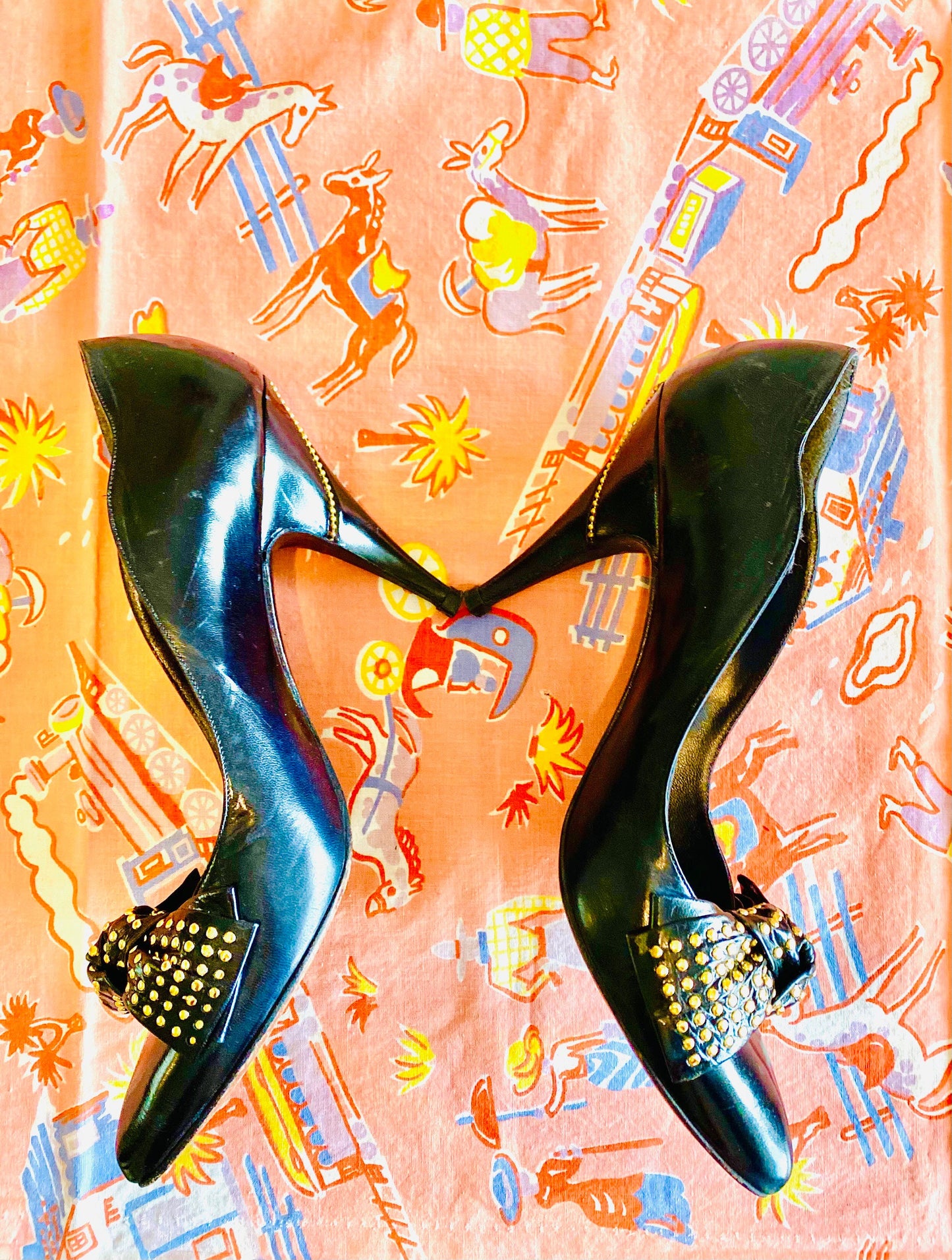 Vintage 1980s Studded Stilettos / 80s Stuart Weitzman luxury label high heel pumps gold studded shoes Size US 7