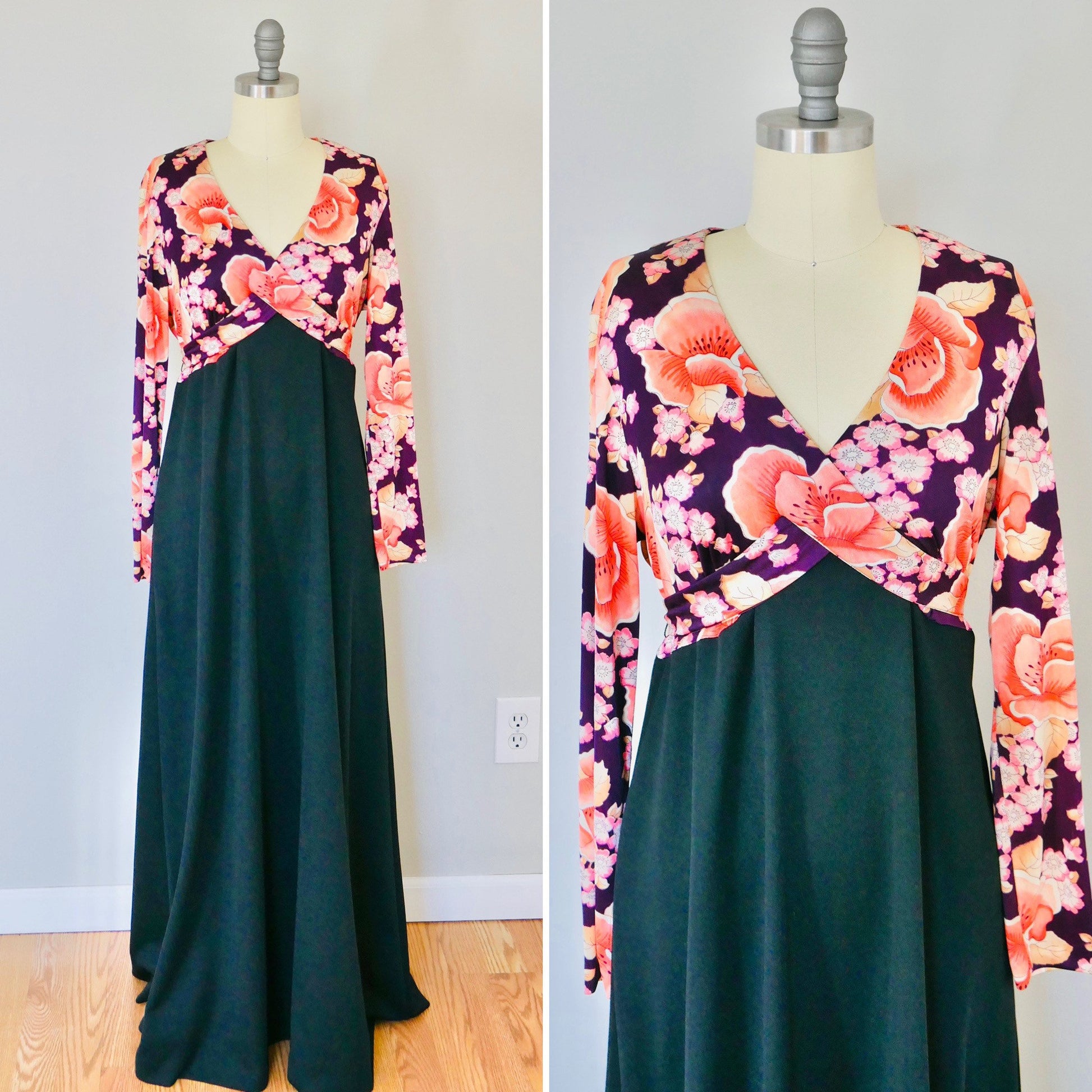 Vintage 1970s Floral Maxi Dress / 70s retro long sleeve Size M to XL