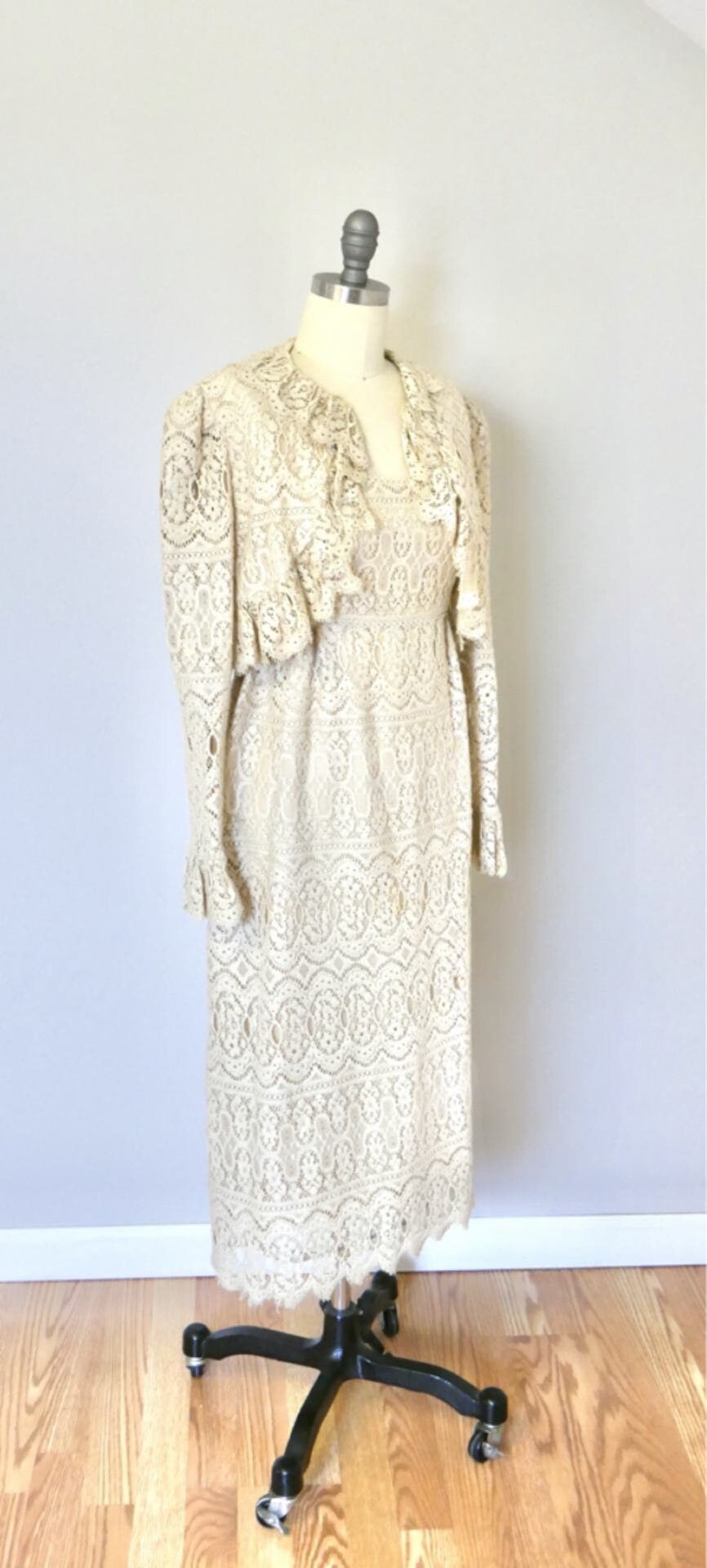 Vintage 1970s Lace Dress and Bolero Set / Boho Gunne Sax Style Victorian revival Size S