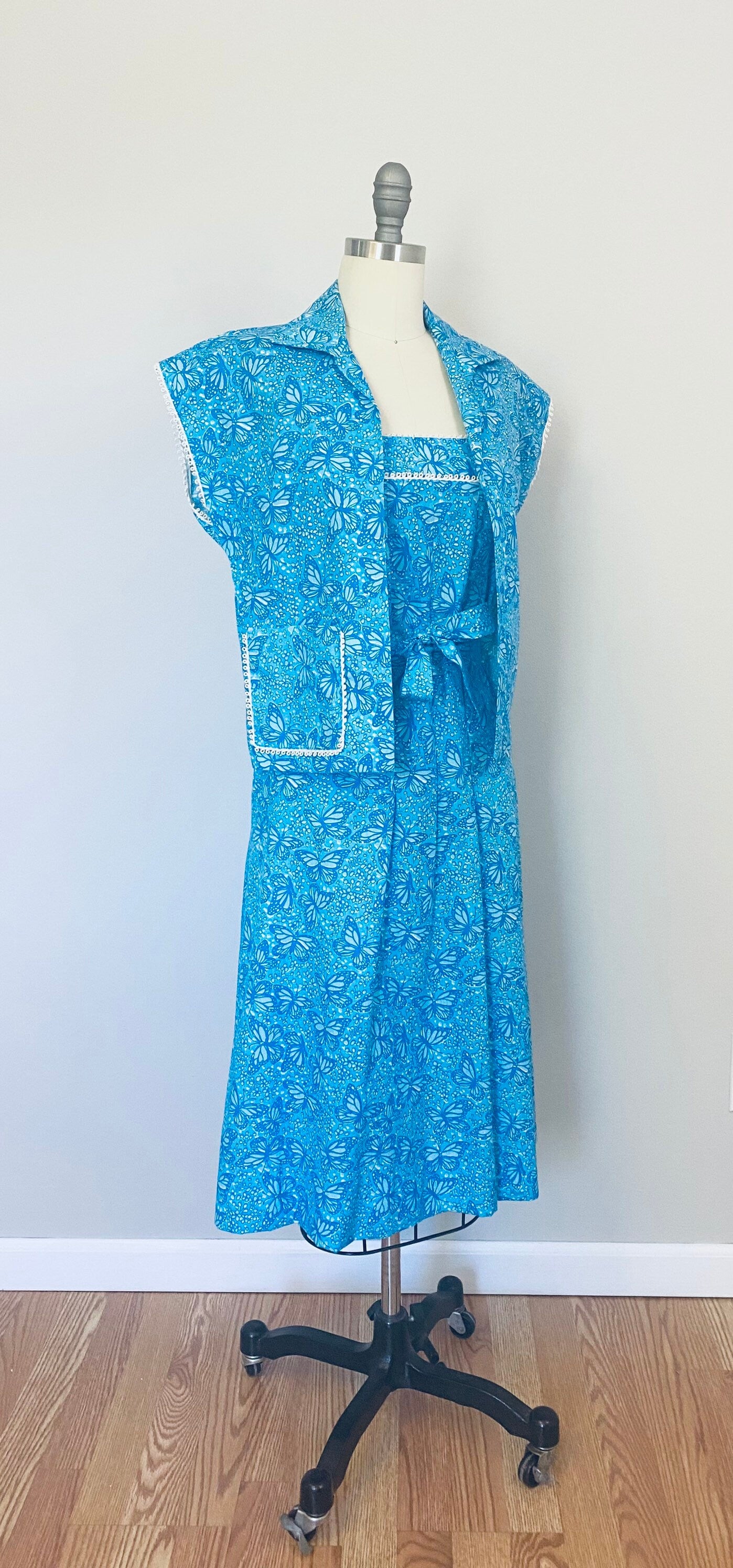 Vintage 1960s Novelty Print Sundress and Bolero Set / 60s Blue Butterfly Print Summer Dress Size XS S