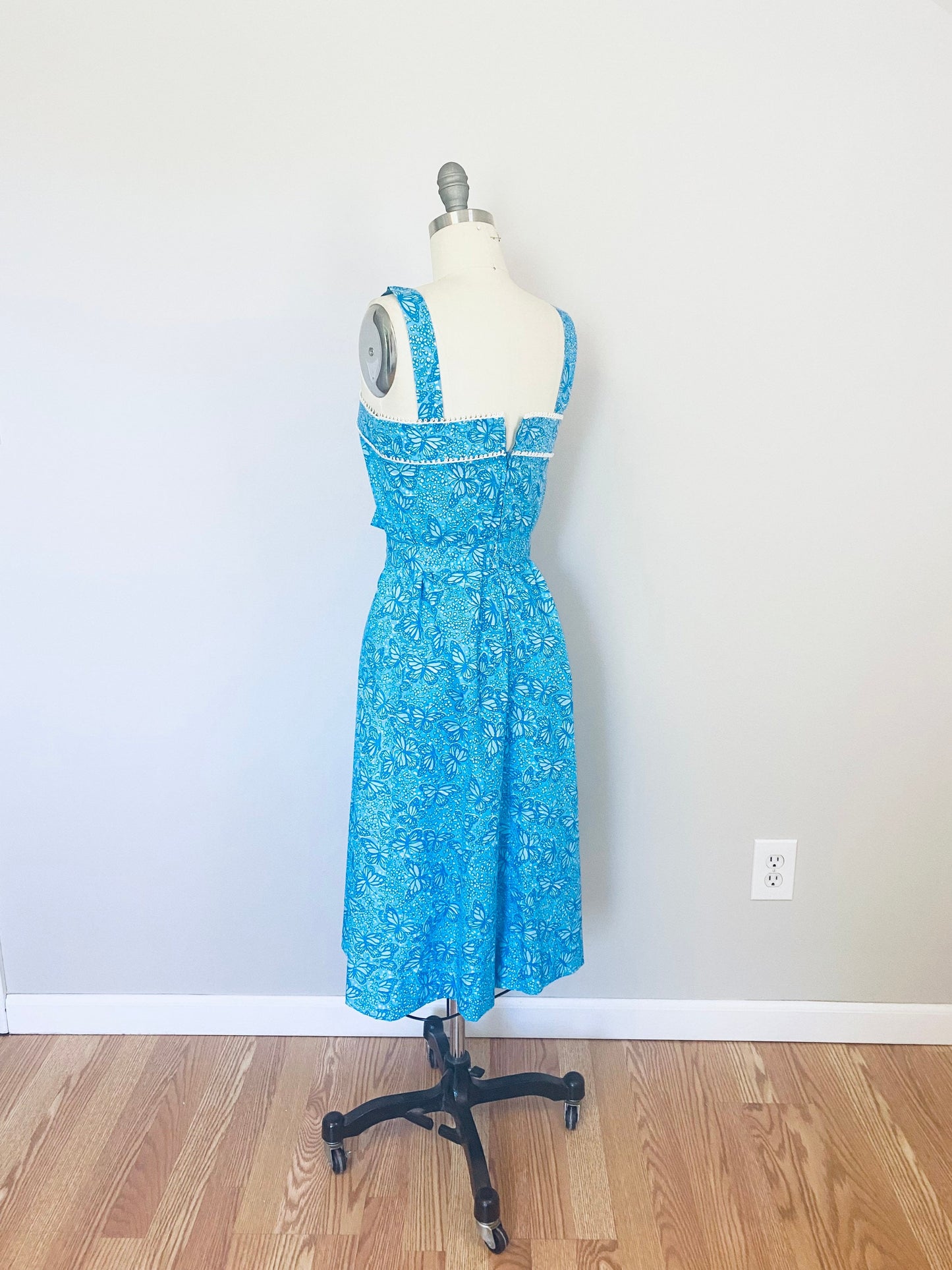 Vintage 1960s Novelty Print Sundress and Bolero Set / 60s Blue Butterfly Print Summer Dress Size XS S