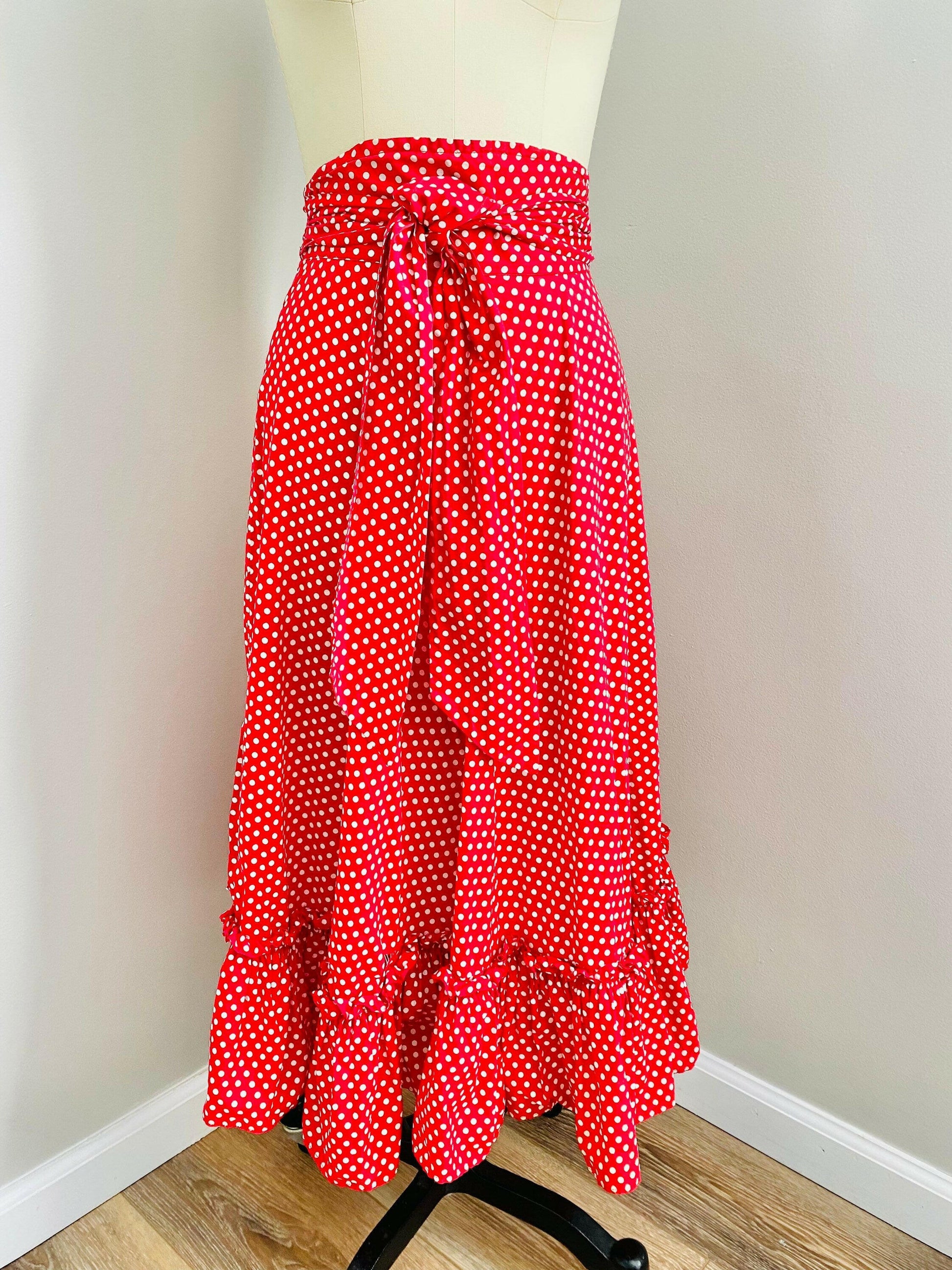Vintage 1950s Red Polka Dot Cotton Maxi Skirt / 50s Serbin long peasant skirt Size S