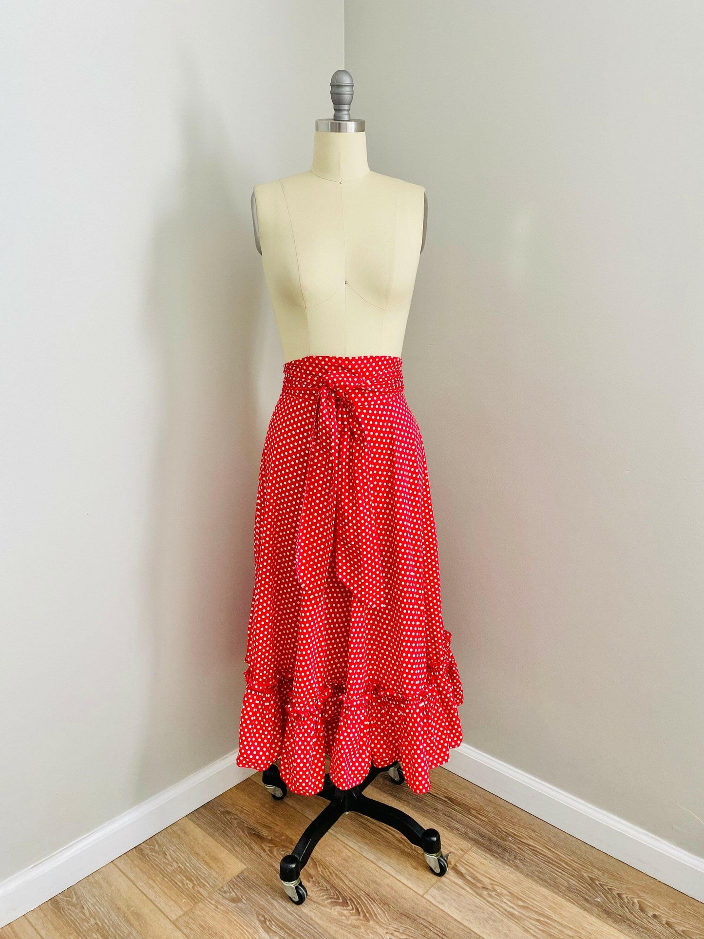 Vintage 1950s Red Polka Dot Cotton Maxi Skirt / 50s Serbin long peasant skirt Size S