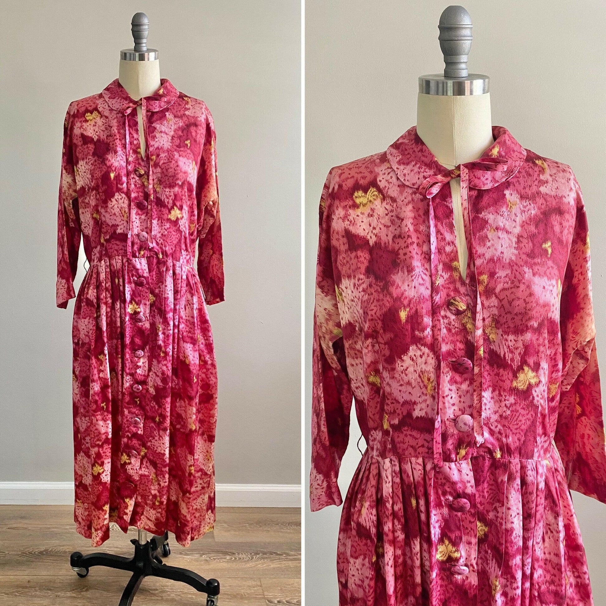 Vintage 1950s Watercolor Floral Dress / 50s Secretary dress Size XL