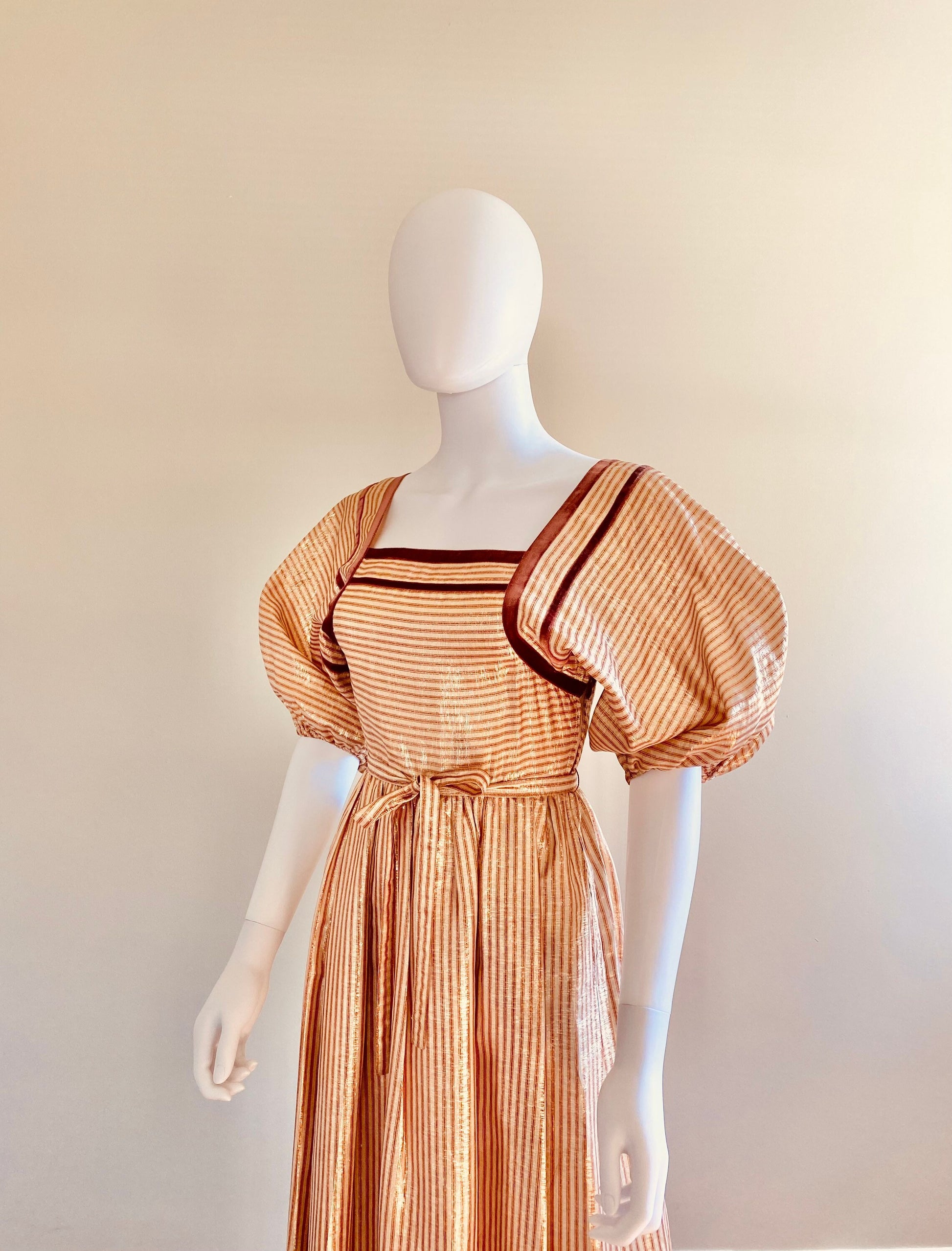 Vintage 1970s puff sleeve Gold and Rust Maxi Dress / 1970s does 1930s formal Albert Nipon dress Size XS
