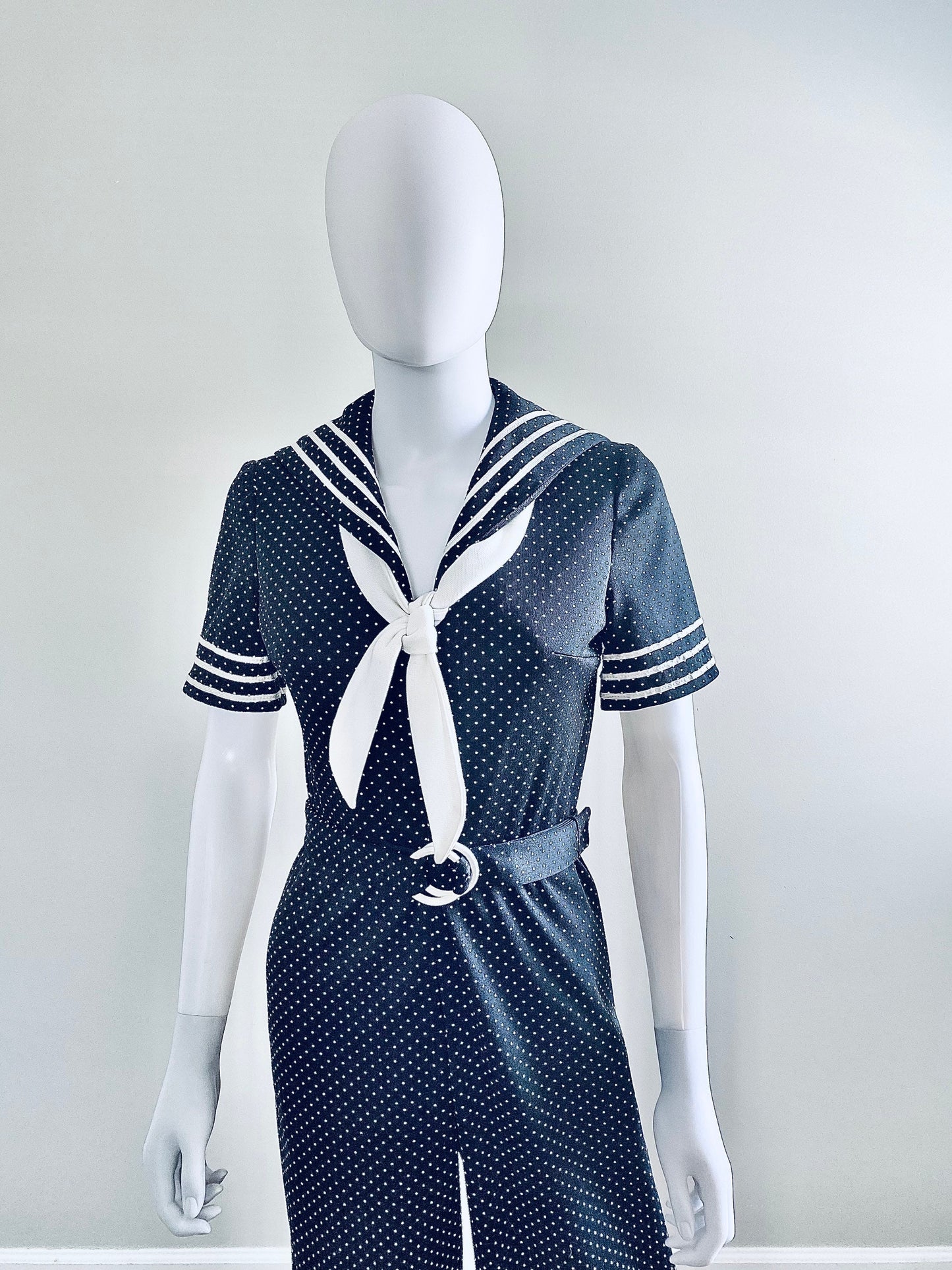 Vintage 1970s Sailor Wide Leg Jumpsuit / 70s does 1930s black polka dot romper Size S M