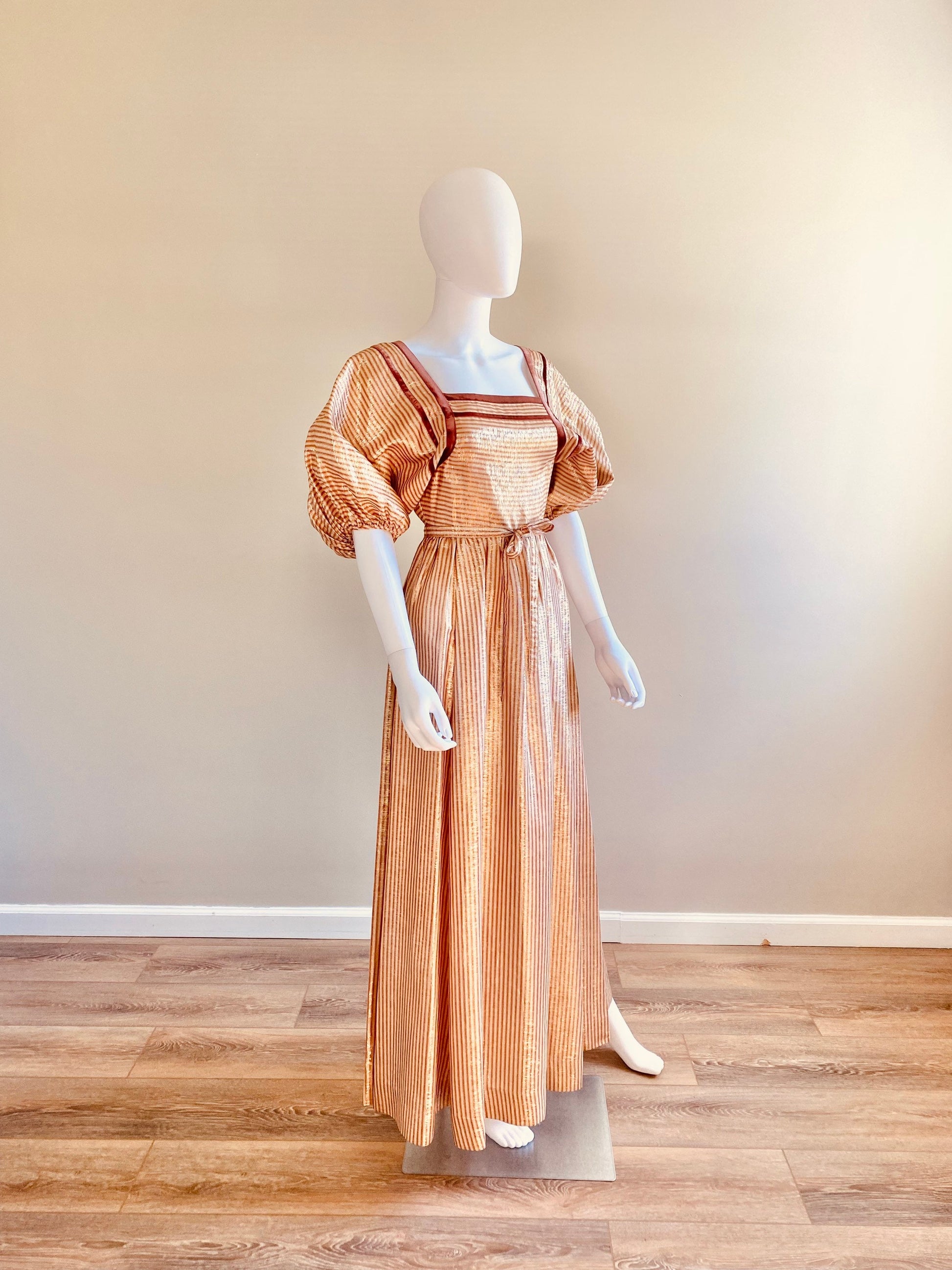 Vintage 1970s puff sleeve Gold and Rust Maxi Dress / 1970s does 1930s formal Albert Nipon dress Size XS