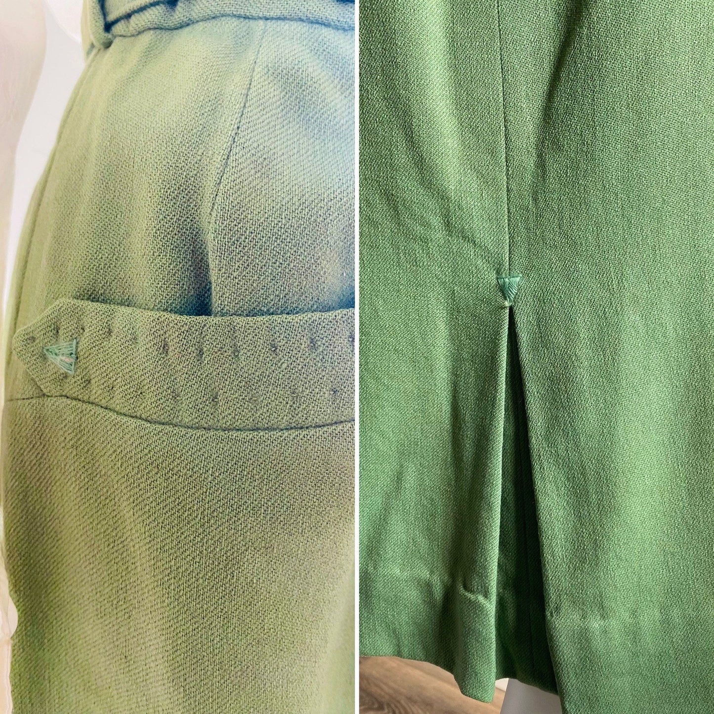 Vintage 1940s Sage Green Wool Skirt / 40s A line arrow tab pocket skirt Size M