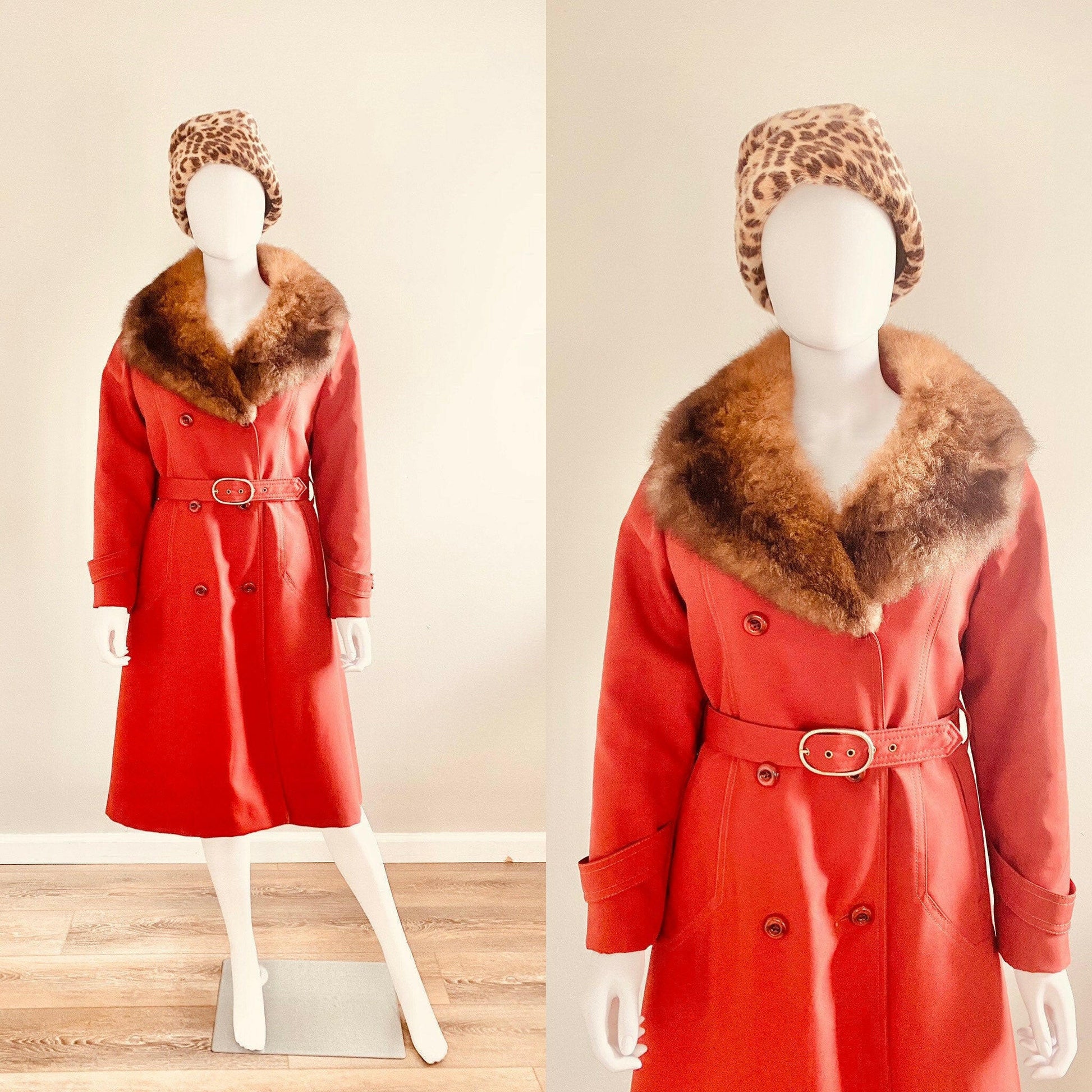 Vintage 1970s Rust Trench Coat with Fur Trim / 70s winter jacket Size S
