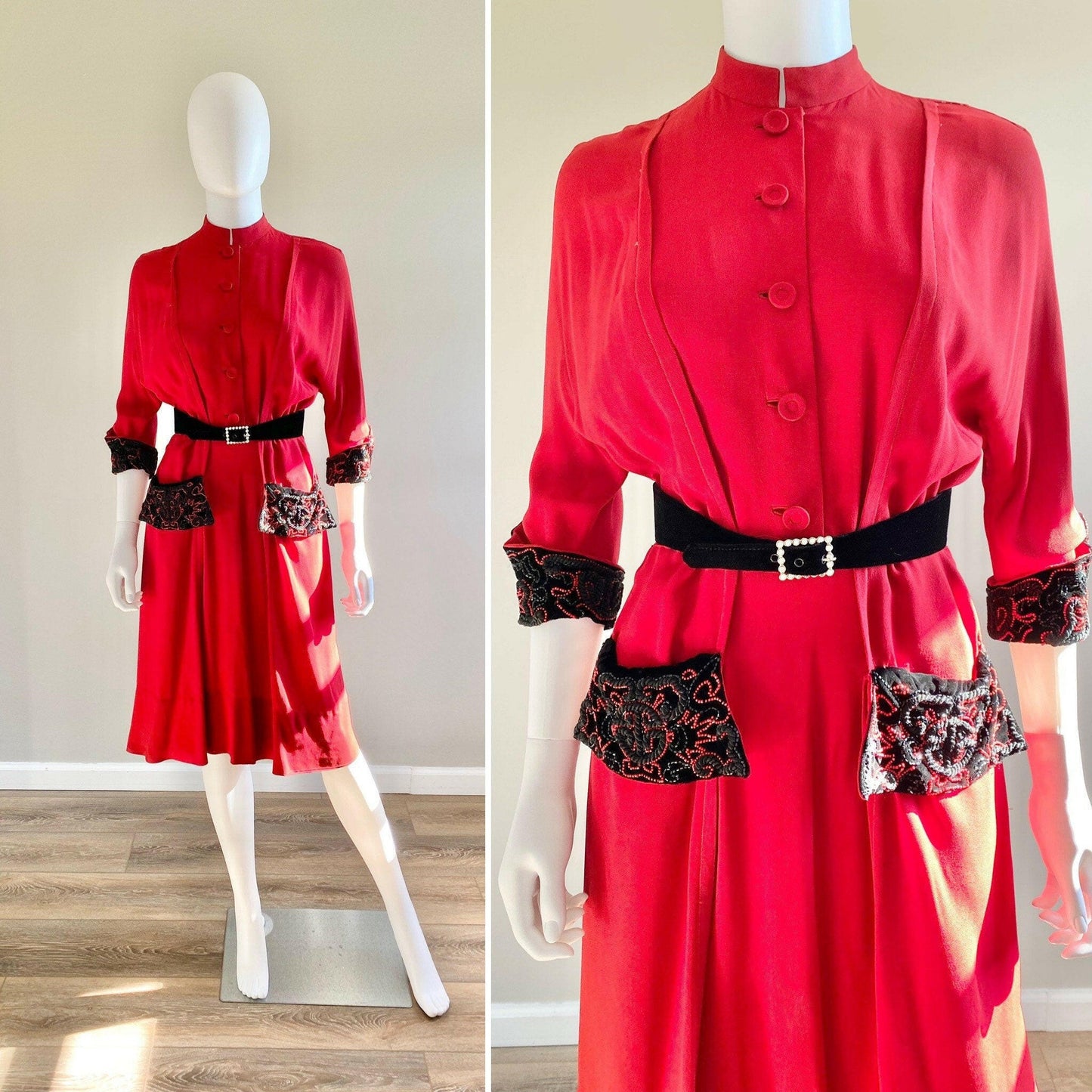 Vintage 1950s Red Rayon Dress / 50s holiday dress Size M