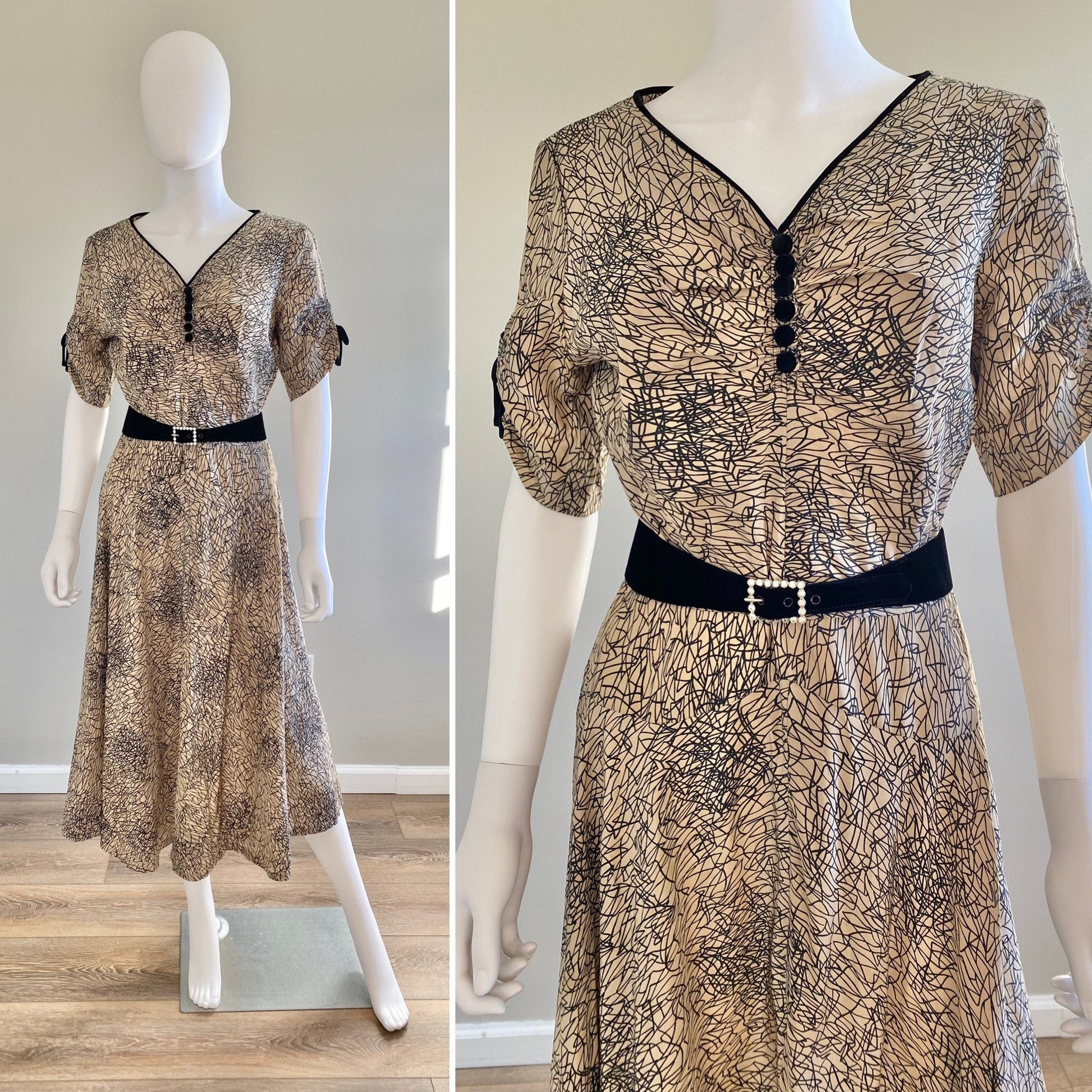 Vintage 1950s Champagne Abstract Print Dress / 50s party dress / 1950s holiday dress / Size M