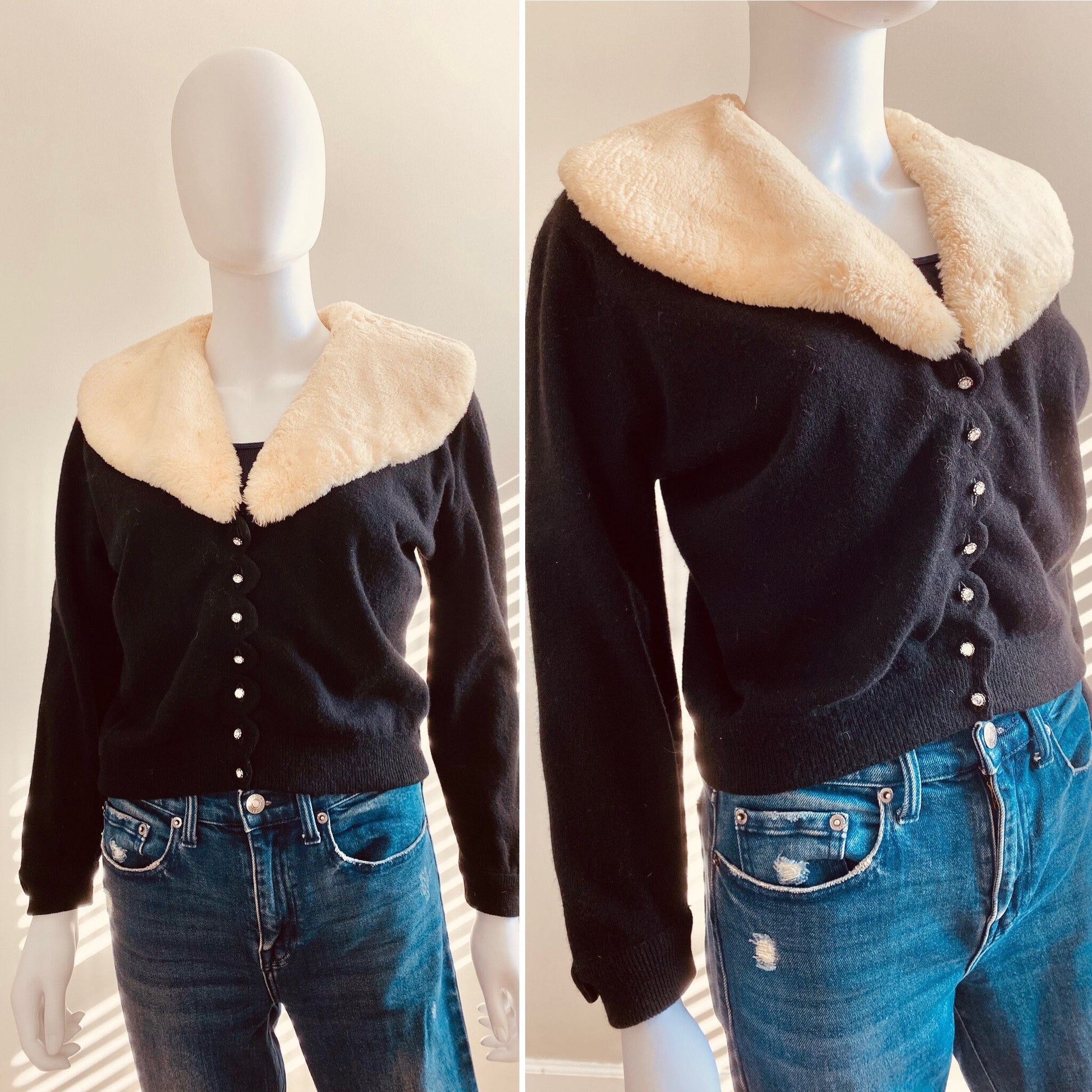 Vintage 1950s Black Cropped Cashmere Cardigan with Fur Collar / 50s sweater Size S