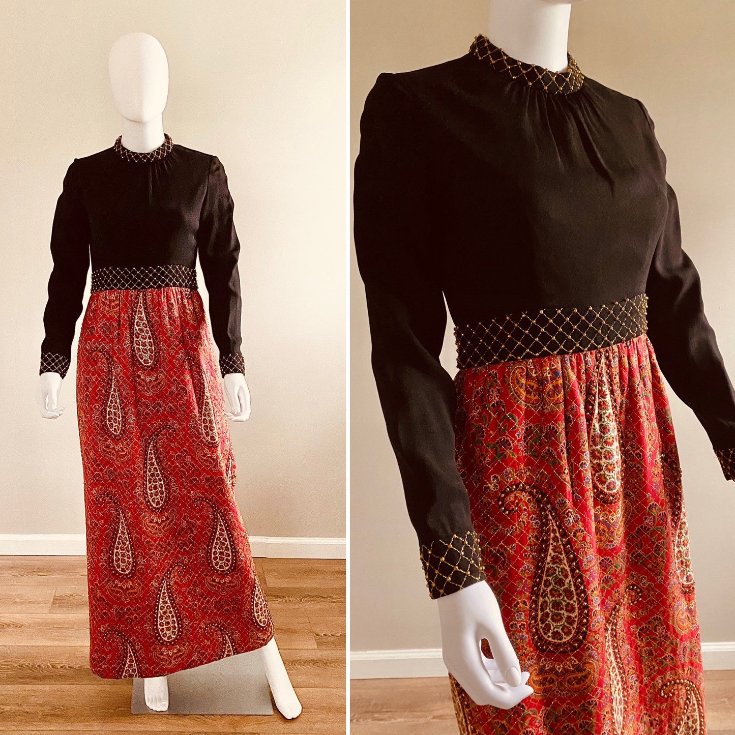 Vintage 1970s Studded Maxi Dress / 70s Donald Brooks Dress / 70s Holiday Dress / Size S