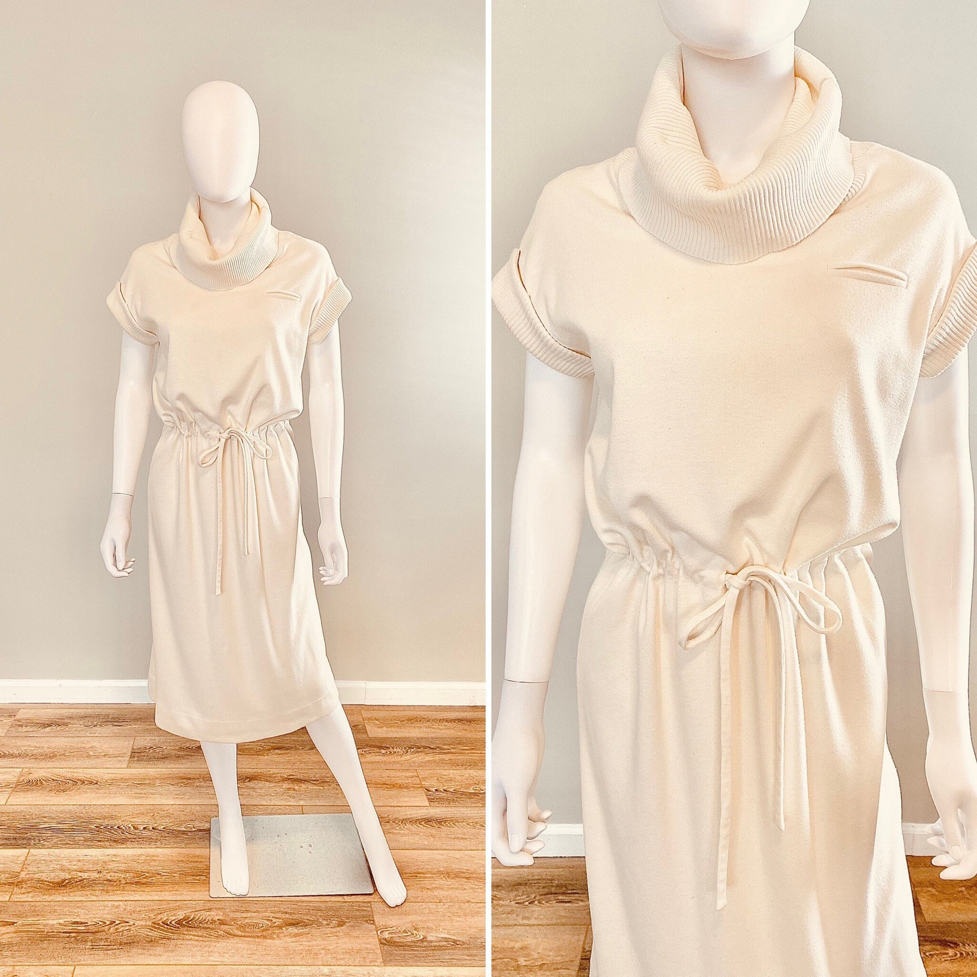 Vintage 1960s Cream Shirt Dress / 60s Kimberly Cowl Neck Cotton Dress / Size S M
