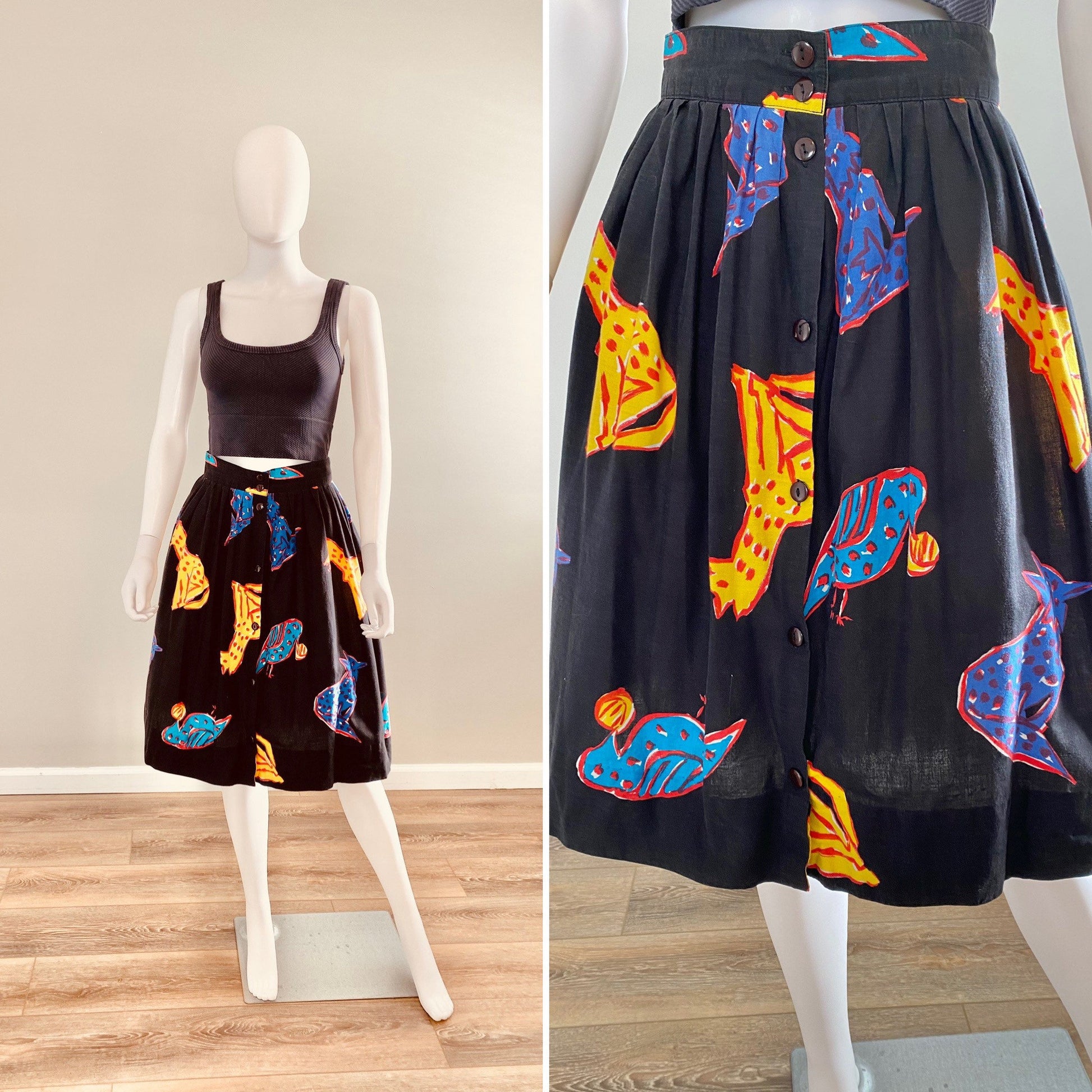 Vintage 1980s Novelty Print Skirt / 80s cotton skirt with pockets / retro skirt / Size M L
