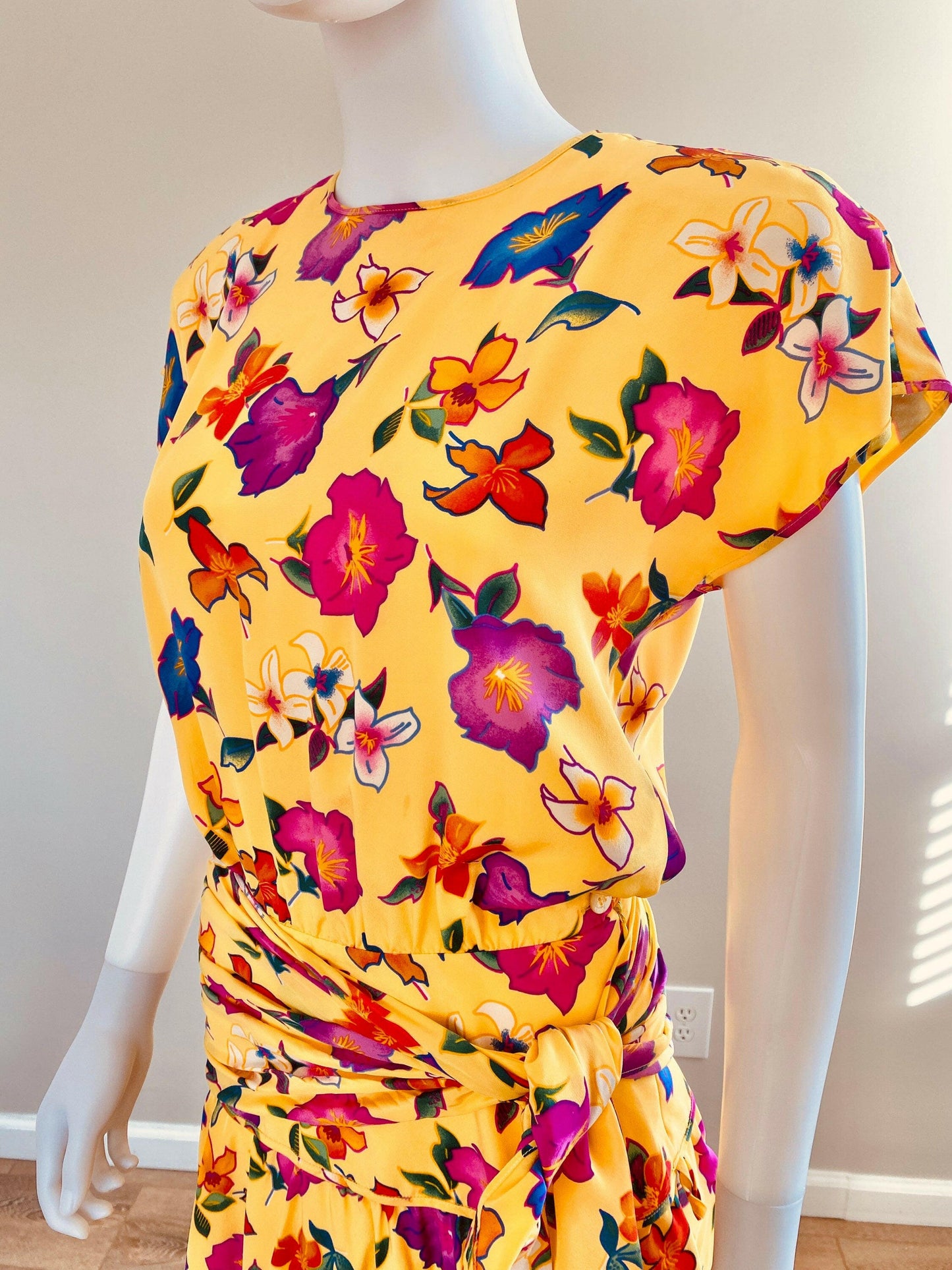 Vintage 1990s Escada Yellow Floral Mini Dress / 90s luxury label resort wear size S