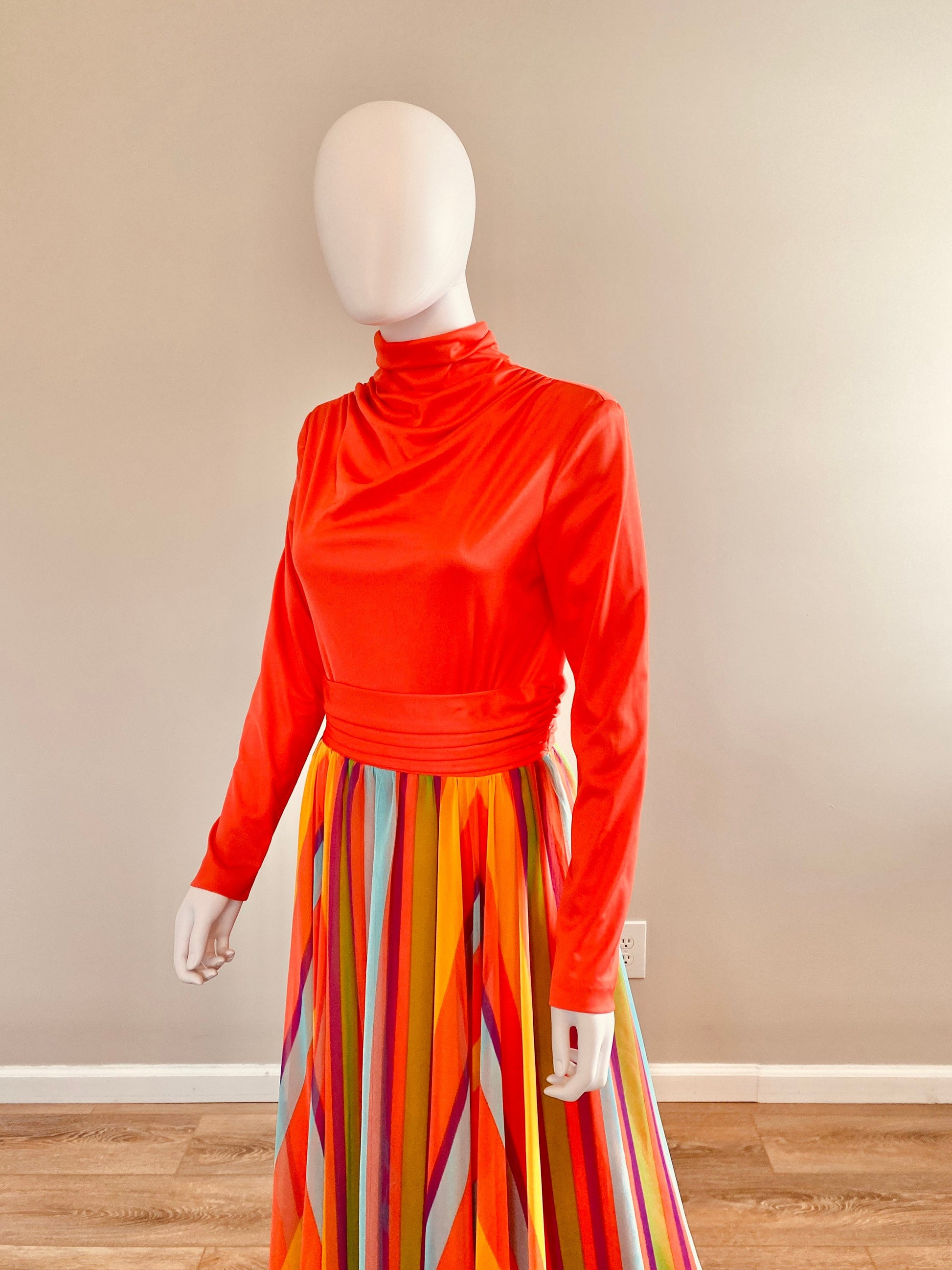 Vintage 1970s Rainbow Chiffon Maxi Dress / 70s Party Dress / Size S M