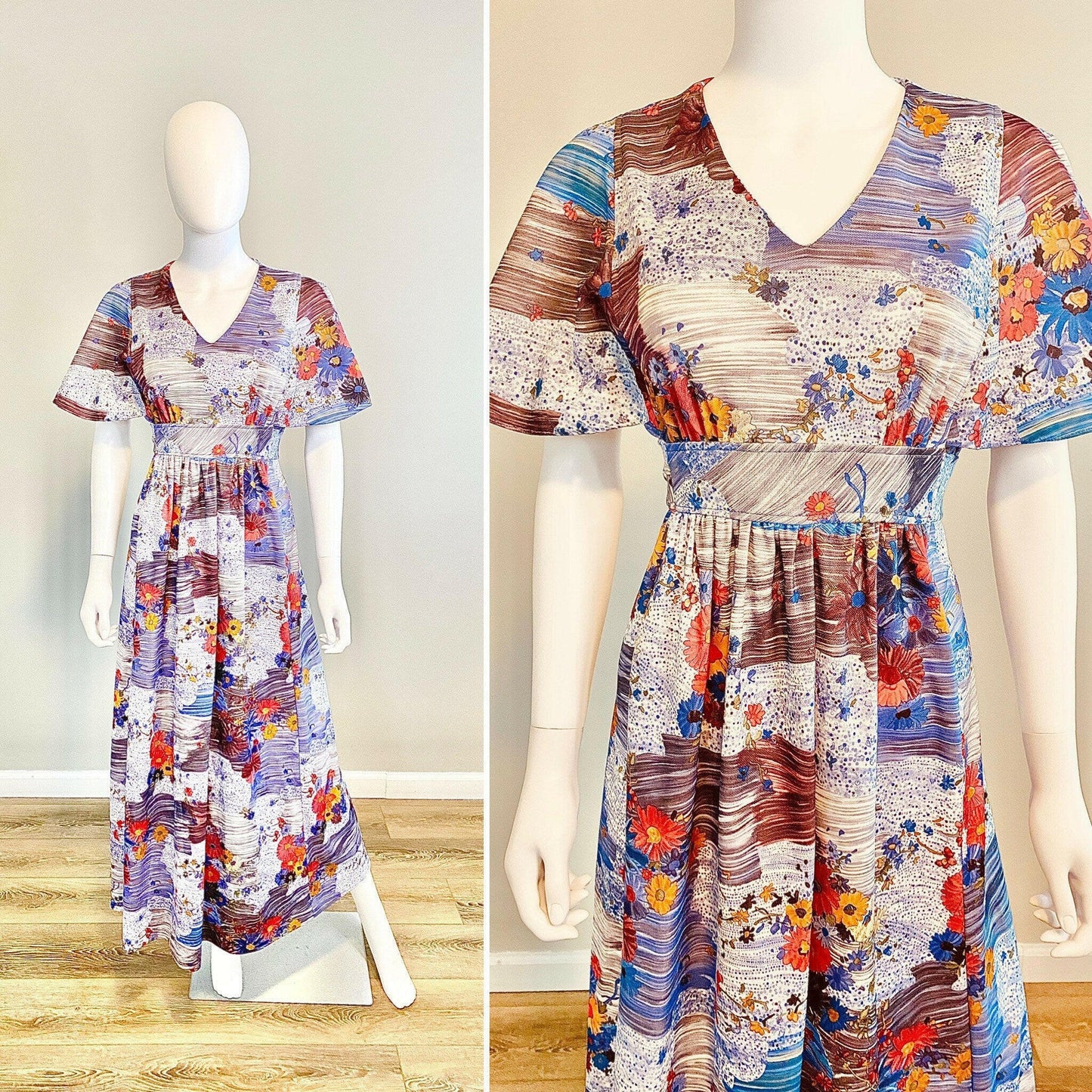 Vintage 1970s Abstract Floral Maxi Dress / 70s retro flutter sleeve long dress / Size XS S