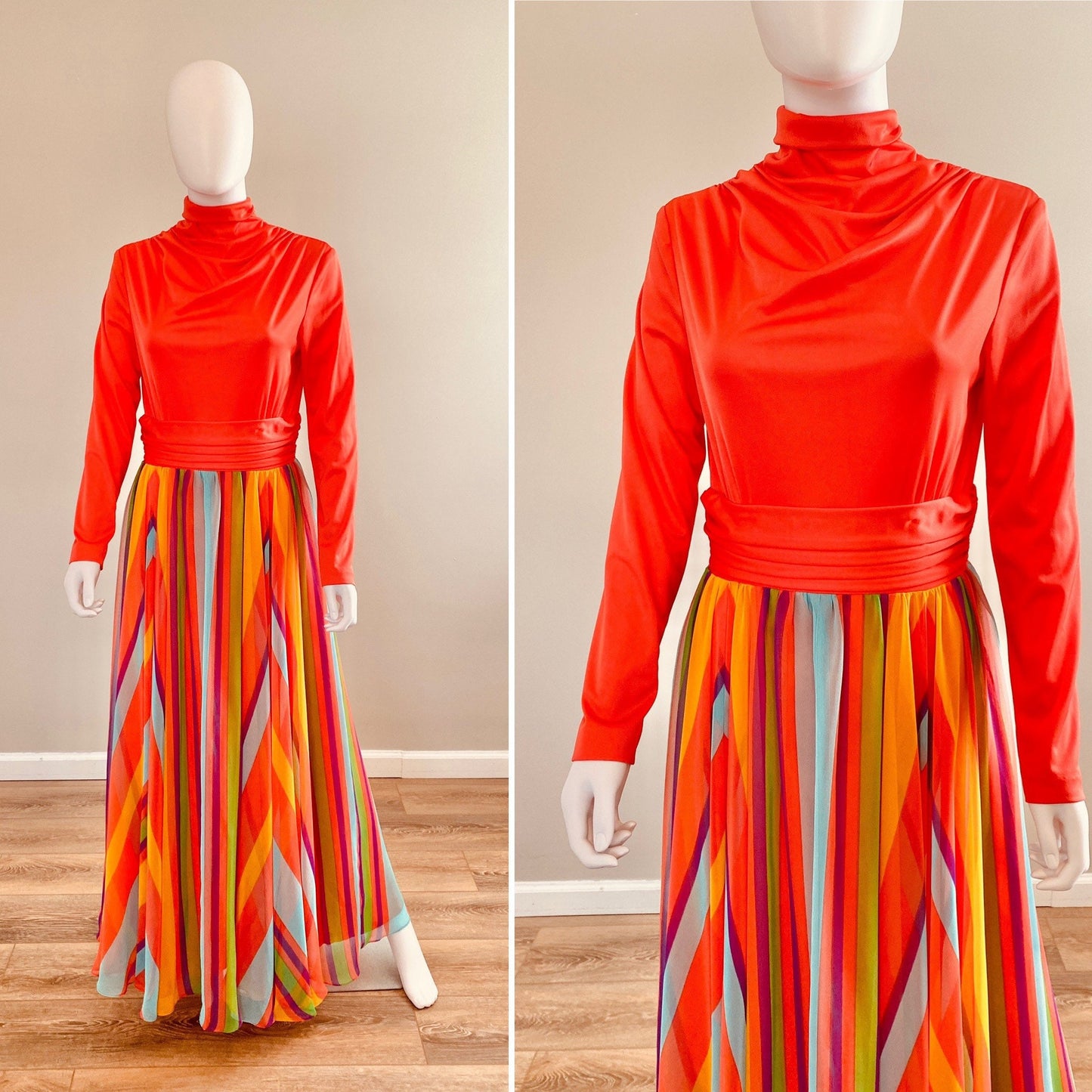 Vintage 1970s Rainbow Chiffon Maxi Dress / 70s Party Dress / Size S M