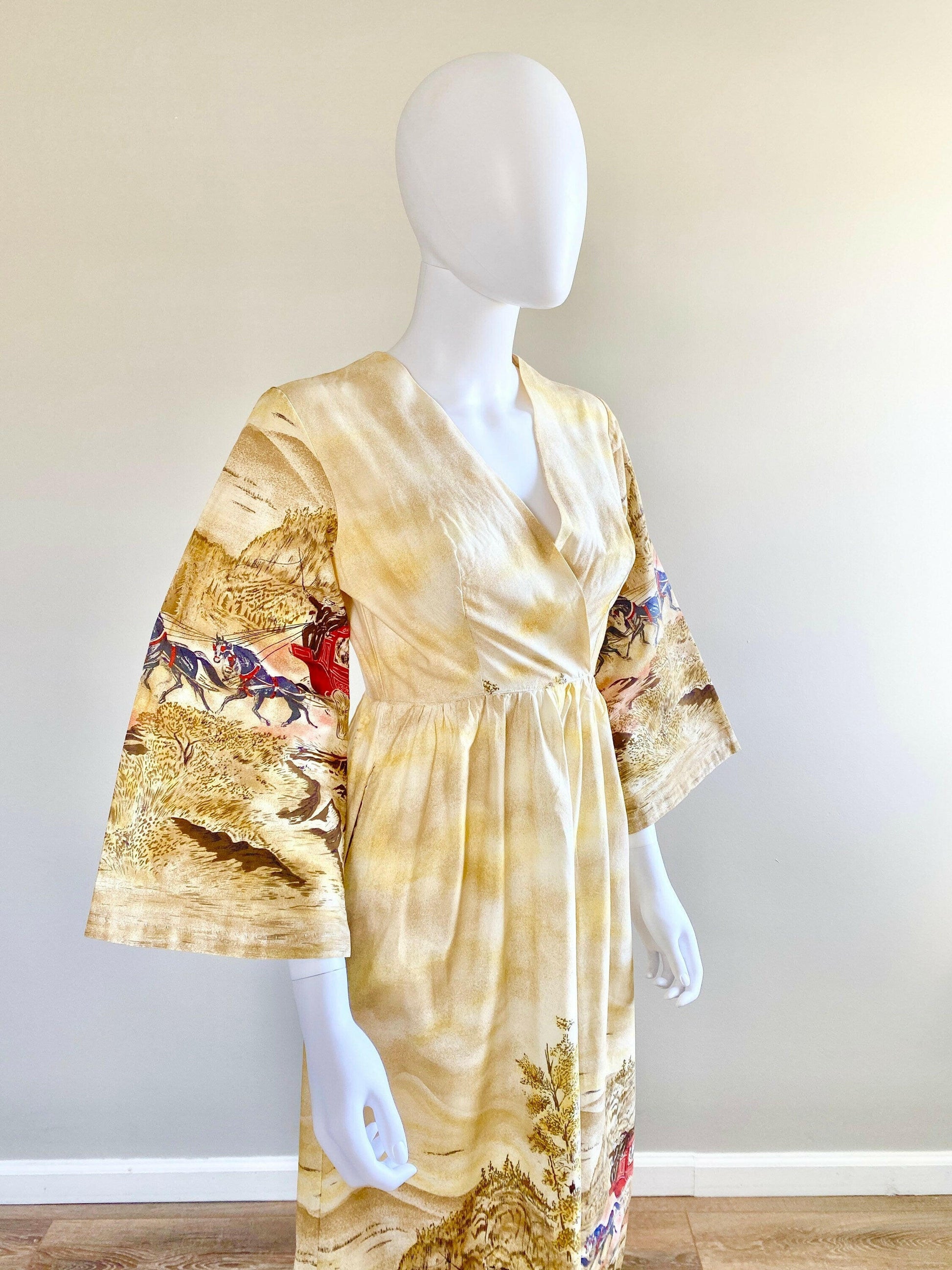 Vintage 1970s John Wolf Stagecoach Novelty Print Maxi Dress / 70s Retro cotton bell sleeve dress / Size S