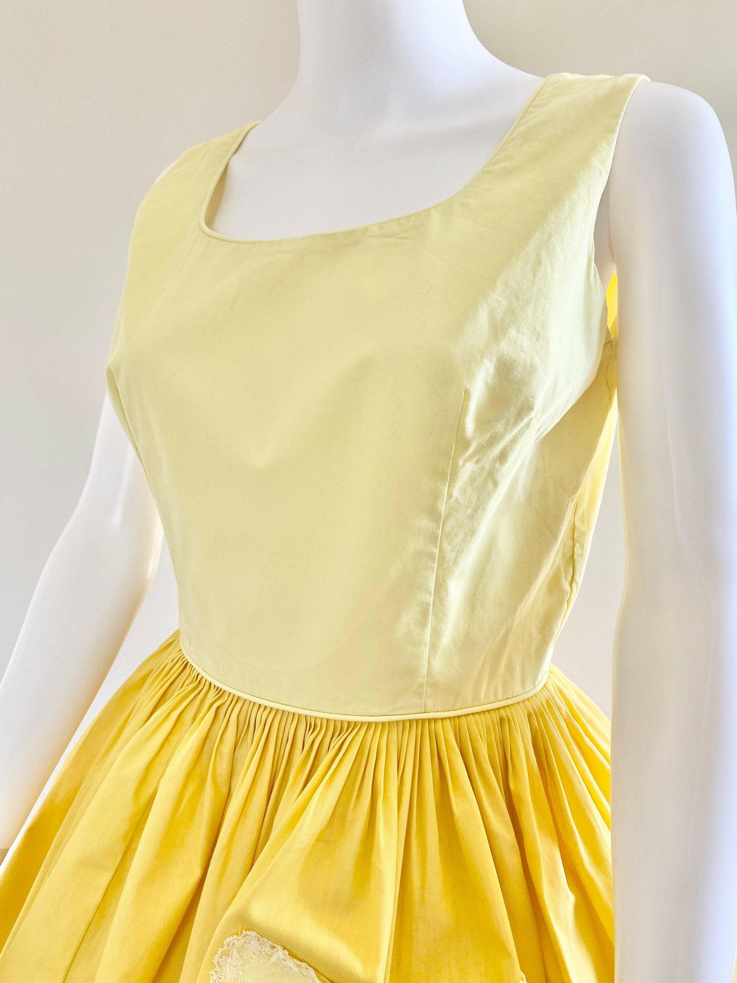 Vintage 1950s Yellow Cotton Sundress / 50s retro fit and flare full day dress / Size S
