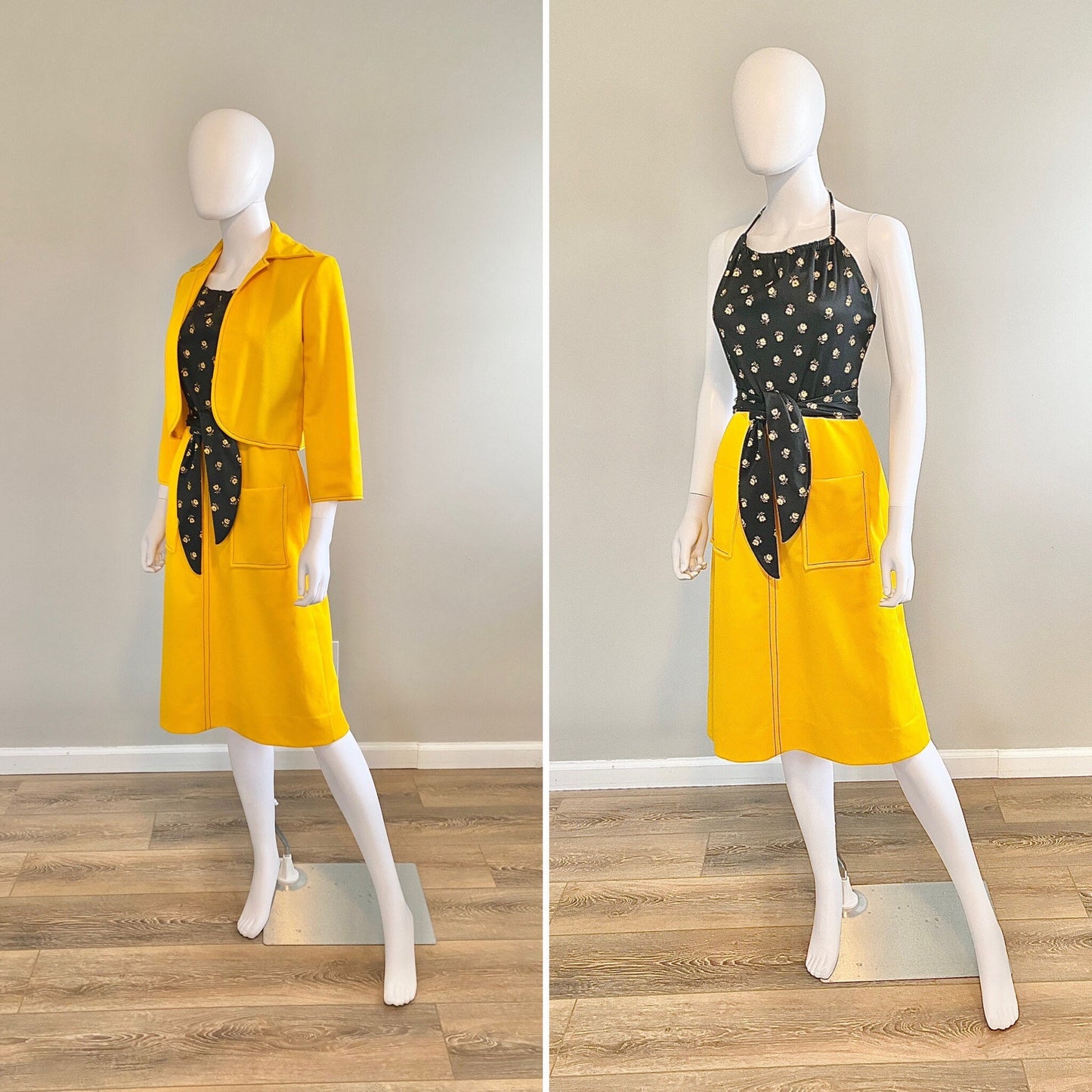 Vintage 1970s Yellow and Navy Blue Floral Sundress and Bolero / 70s retro dress and jacket / Size S