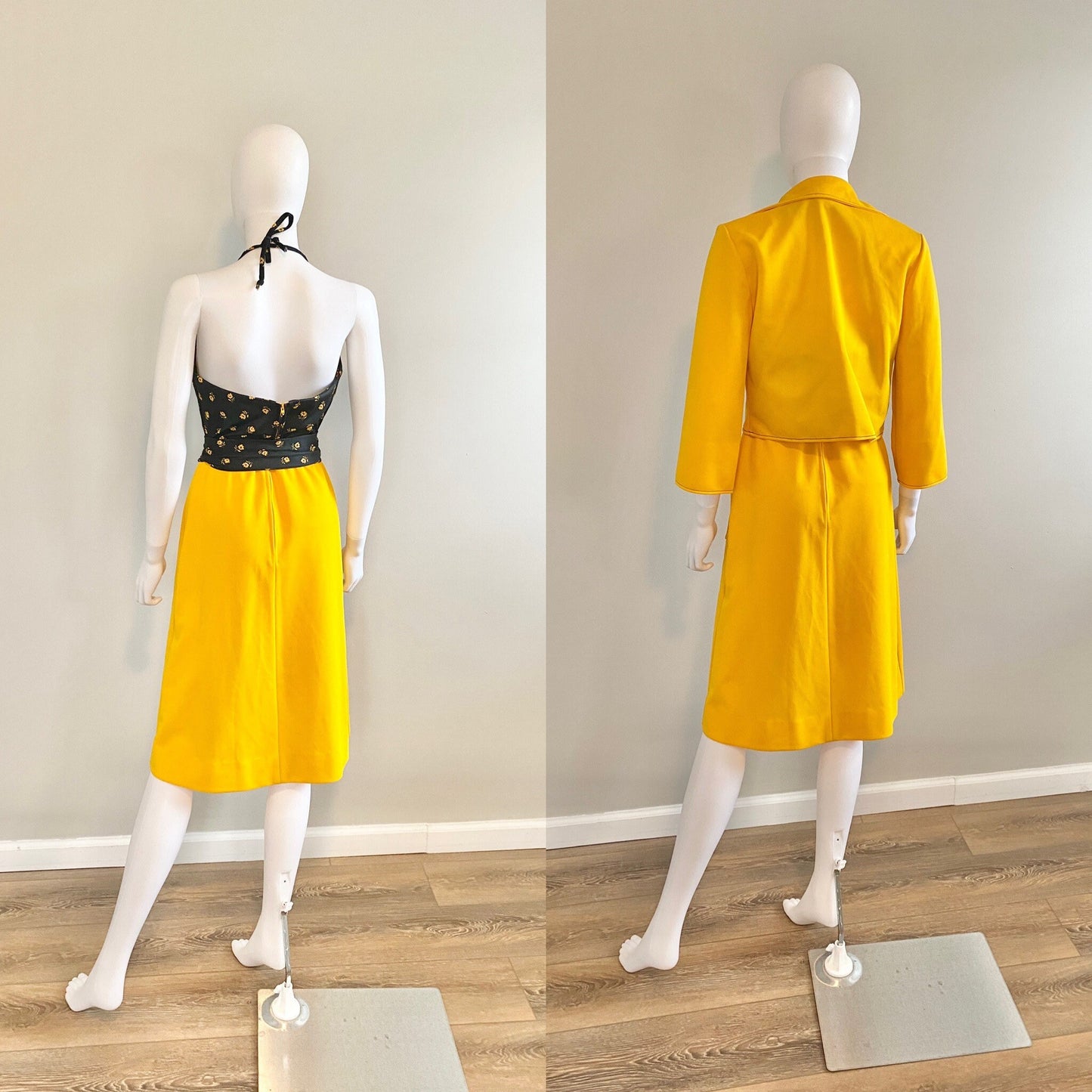 Vintage 1970s Yellow and Navy Blue Floral Sundress and Bolero / 70s retro dress and jacket / Size S