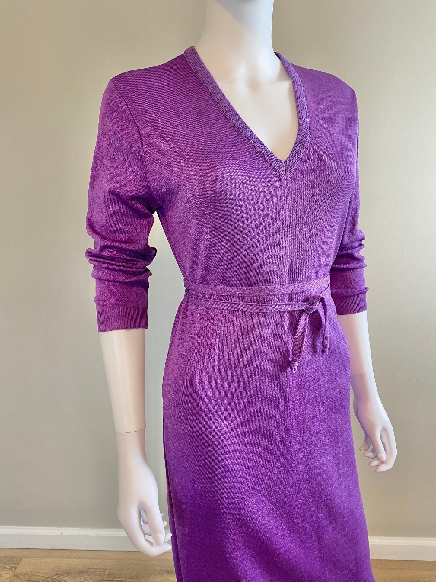 Vintage 1970s Purple Lurex Sweater Dress / 70s retro long sleeve disco dress / Size S M