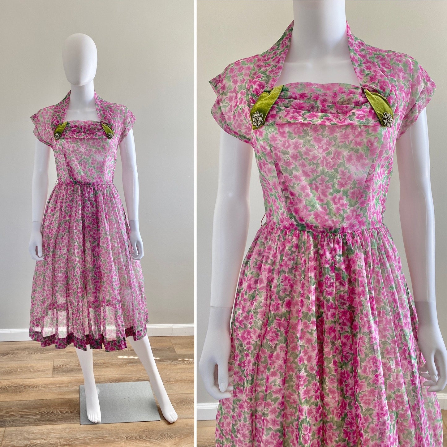 Vintage 1950s Floral Party Dress / 50s retro nylon fit and flare swing dress / Size S