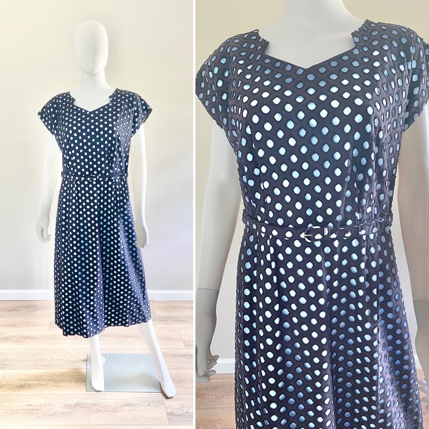 Vintage 1950s Plus Size Navy Eyelet Cotton Dress / 50s Retro Navy and Periwinkle Wiggle Dress / Size 2X
