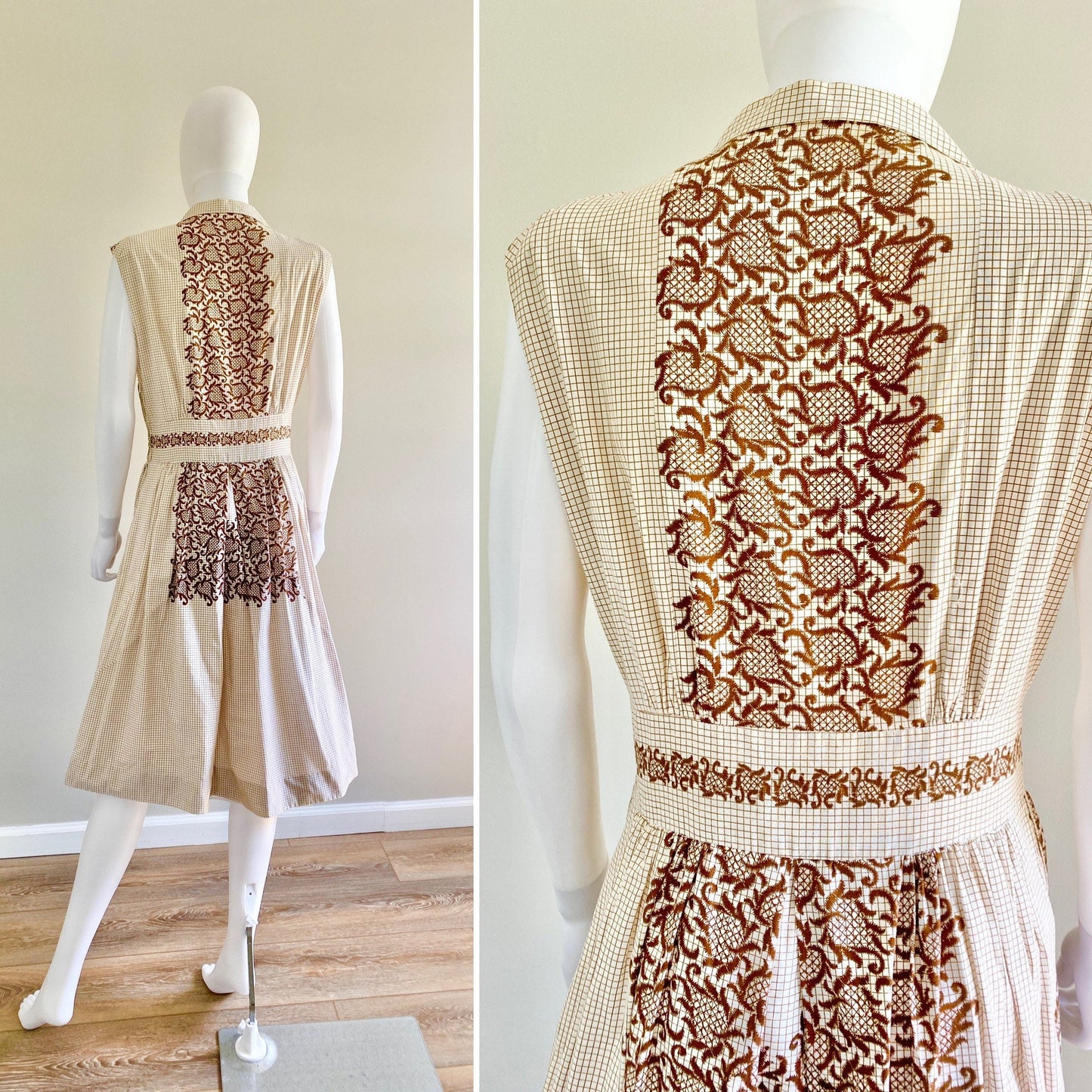 Vintage 1950s Cotton Plaid Shirt Dress / 50s Retro Border Print Dress / Size S M
