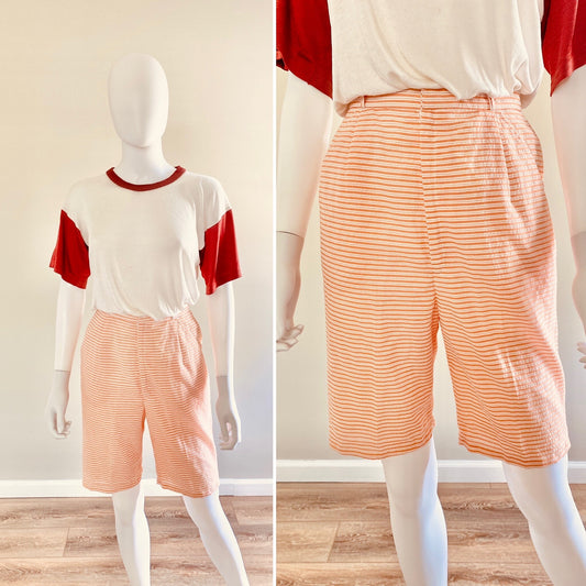 Vintage 1960s Seersucker Orange Striped Shorts / 60s retro Bermuda shorts / Size XS