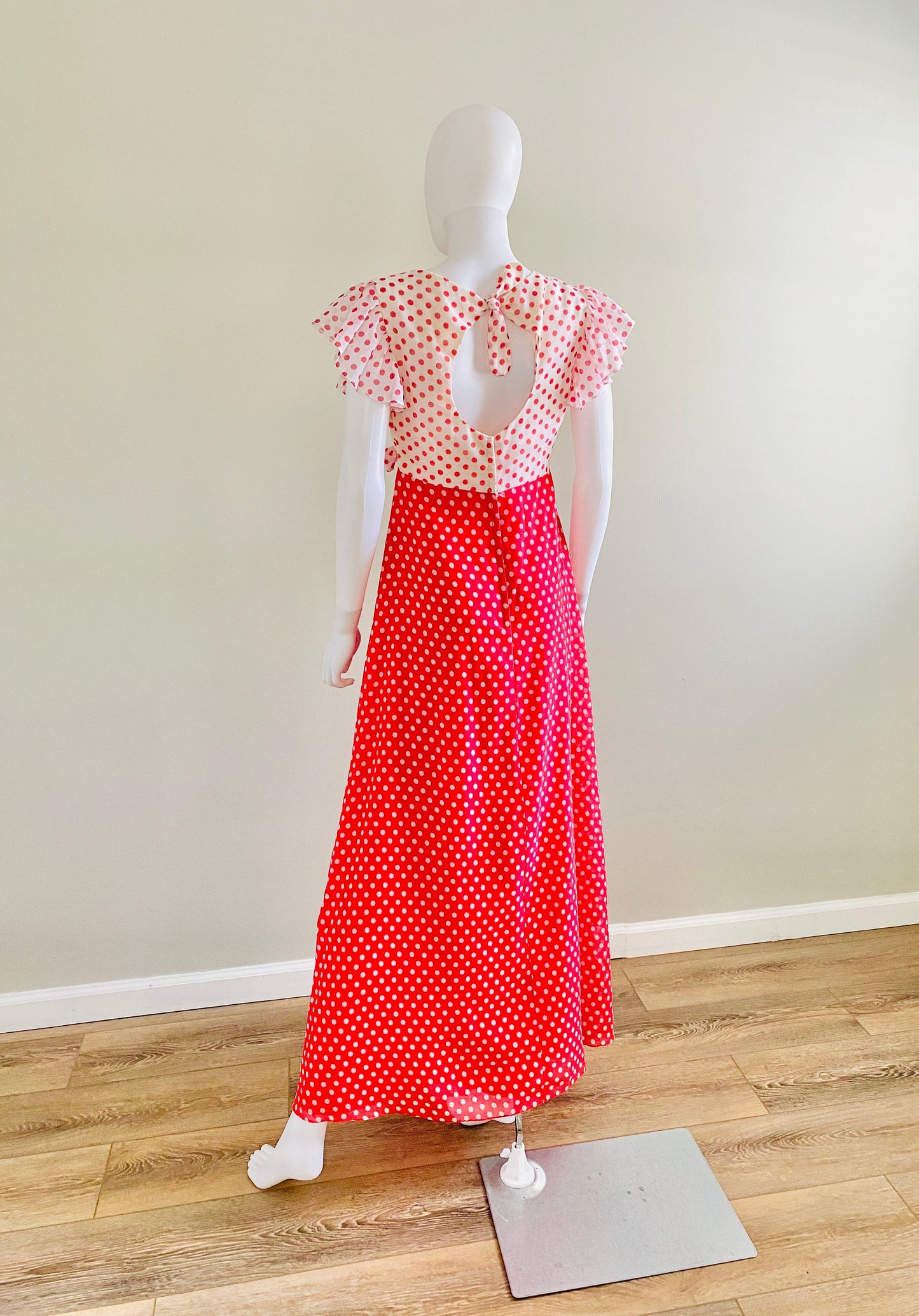 Vintage 1970s Red Polka Dot Maxi Dress / 70s does 1930s party dress / prom dress / size S