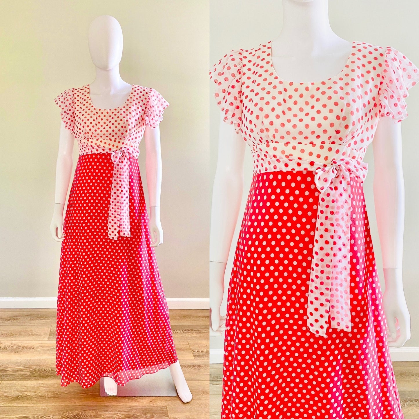 Vintage 1970s Red Polka Dot Maxi Dress / 70s does 1930s party dress / prom dress / size S