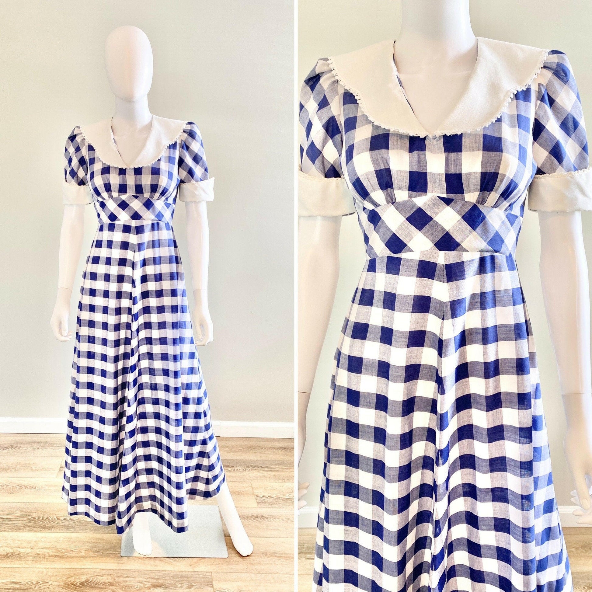 Vintage 1970s Navy Gingham Puff Sleeve Dress / 70s does 1930s Party Dress / Size S M