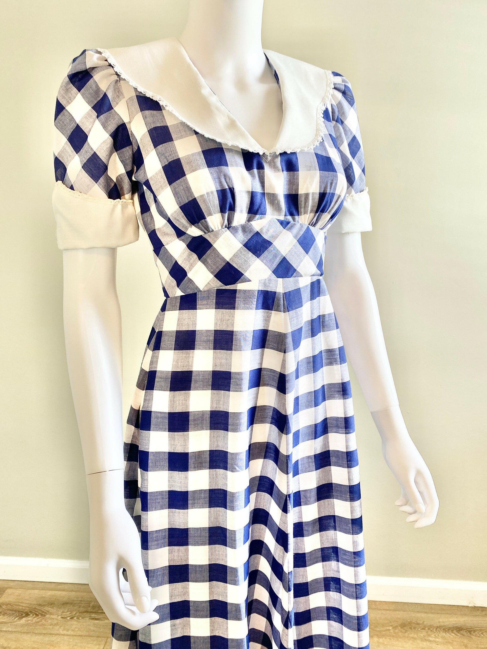 Vintage 1970s Navy Gingham Puff Sleeve Dress / 70s does 1930s Party Dress / Size S M