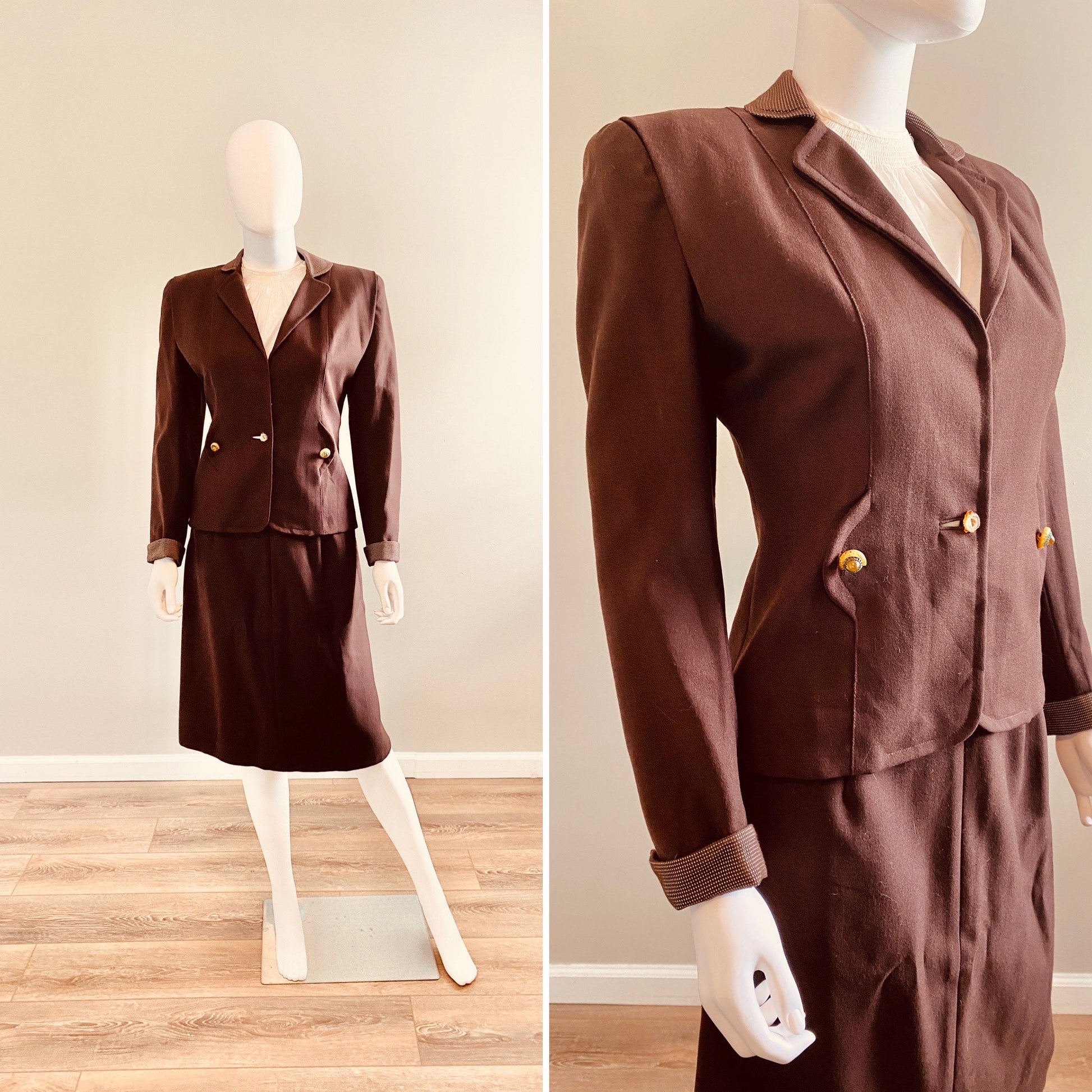 Vintage Late 1930s Brown Wool Gaberdine Skirt Suit / 30s Suit / Size S