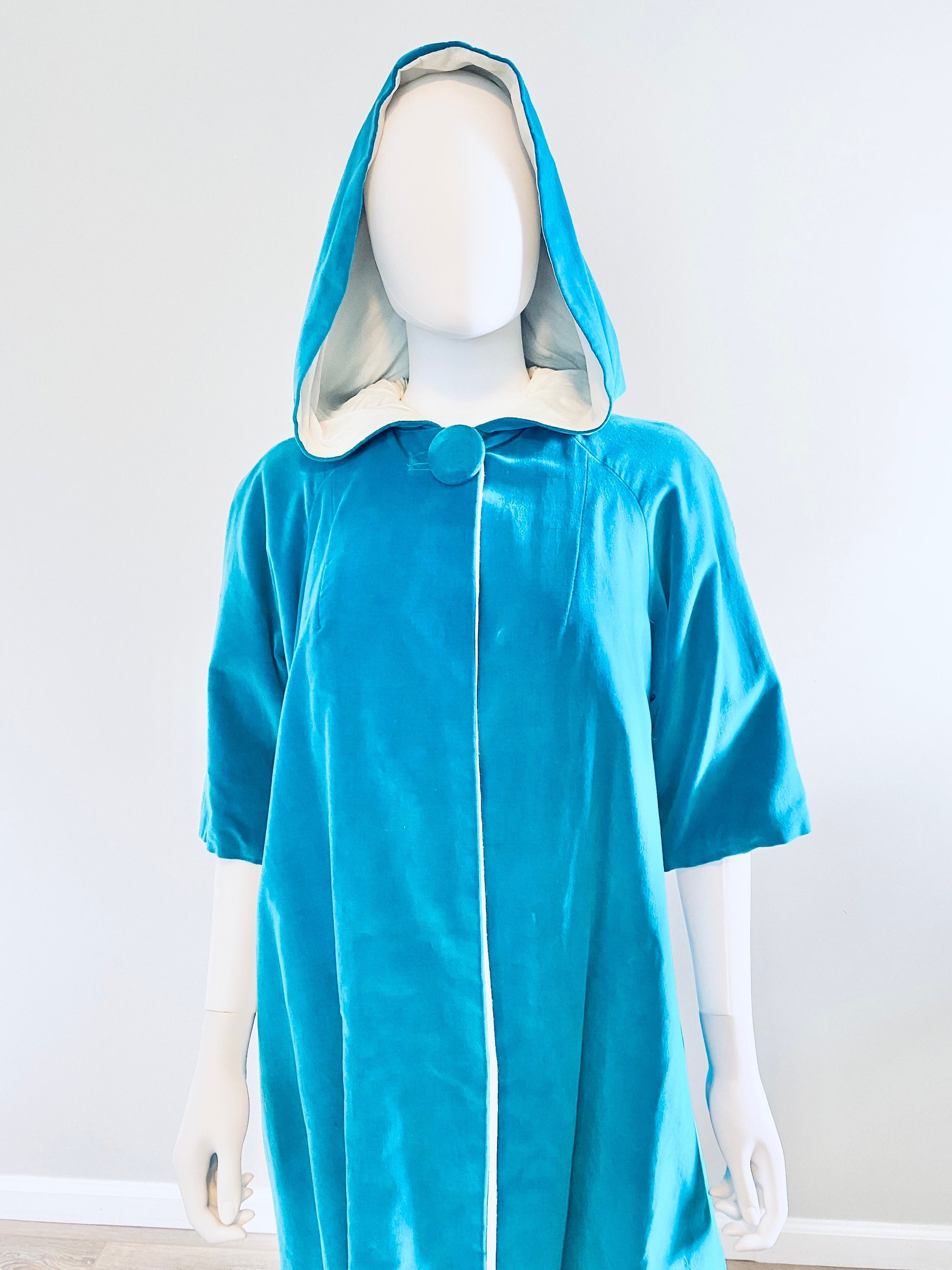 Vintage 1950s Hooded Velvet Aqua Coat / 50s Swing Coat / One Size