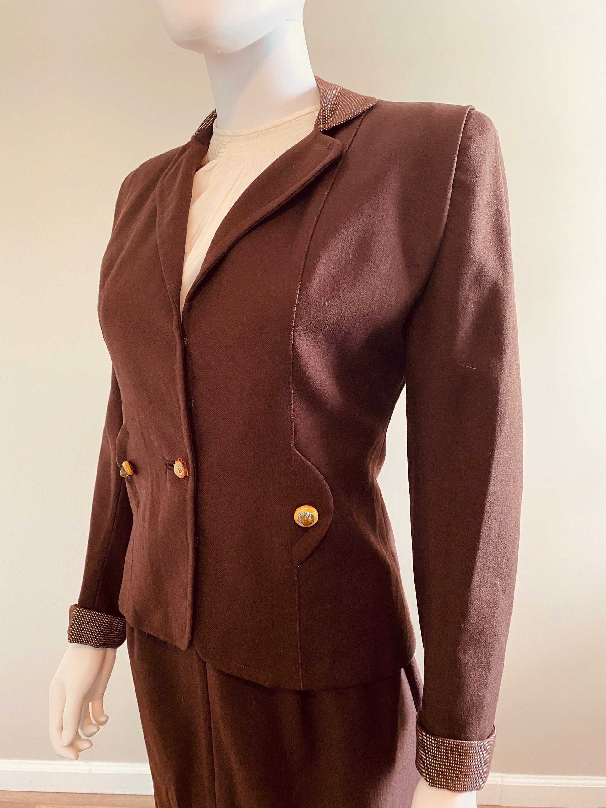 Vintage Late 1930s Brown Wool Gaberdine Skirt Suit / 30s Suit / Size S