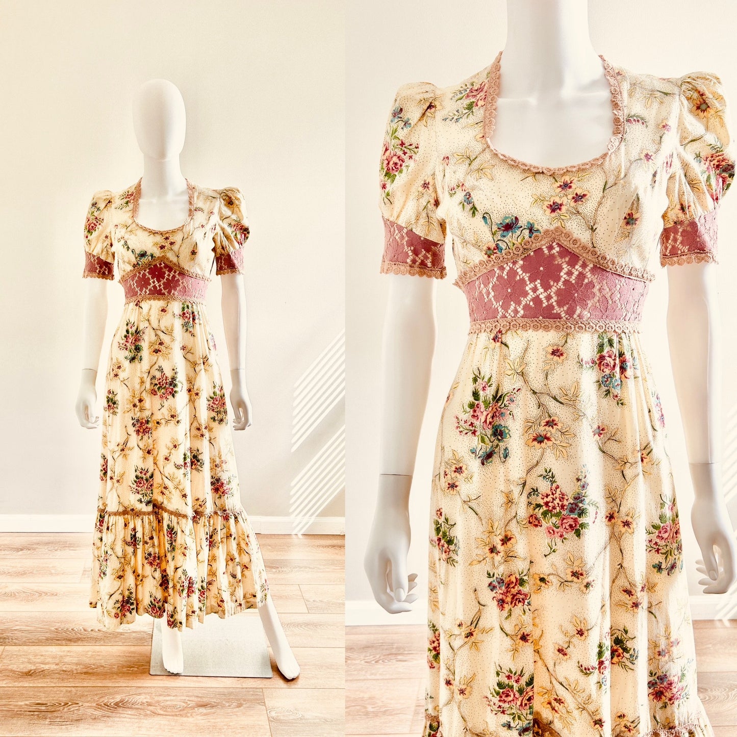 Vintage 1980s Prairie Floral Dress / 80s maxi dress / gunne sax style dress / Size S